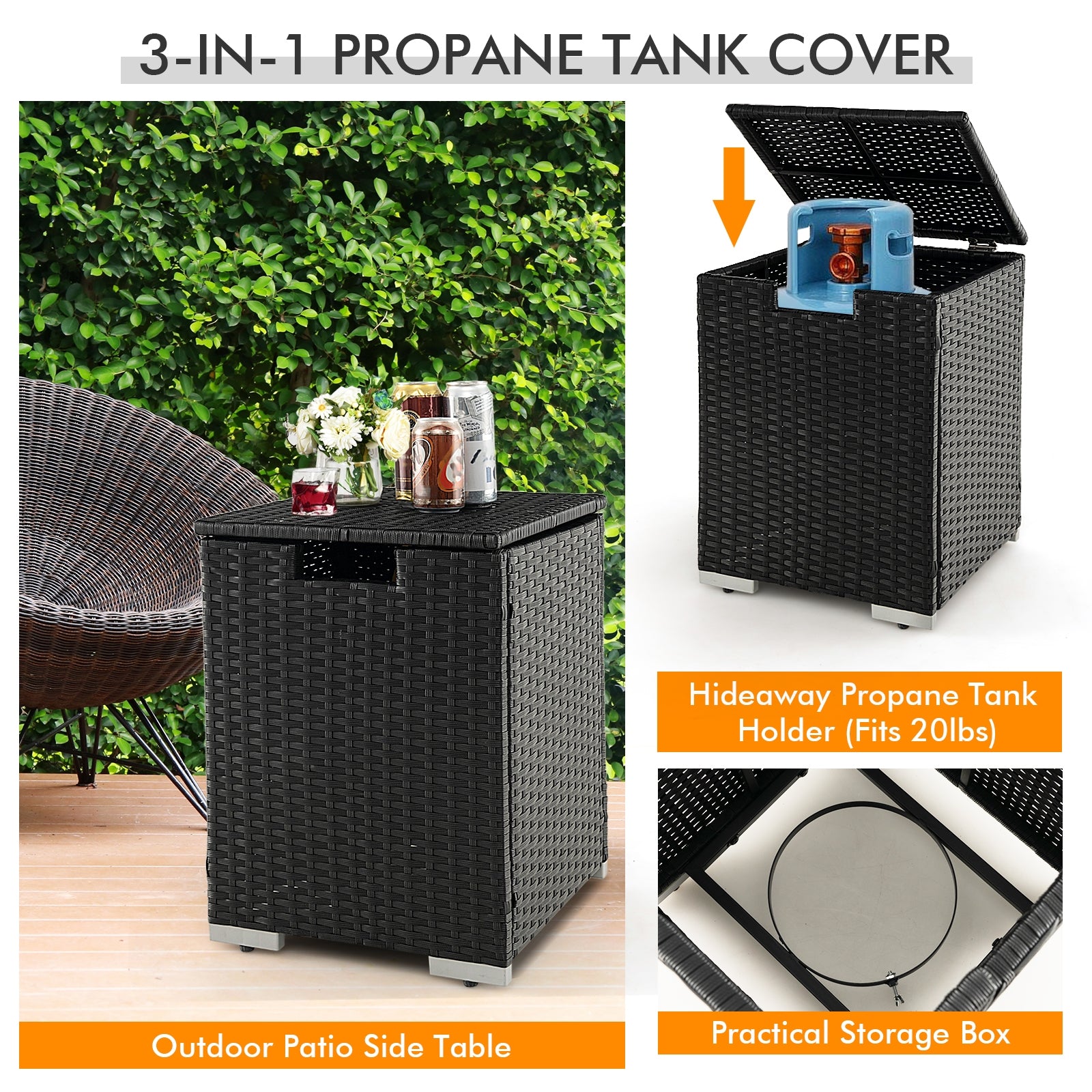 32 x 20 Inch Propane Rattan Fire Pit Table Set with Side Table Tank and Cover, Black Fire Pit Tables   at Gallery Canada