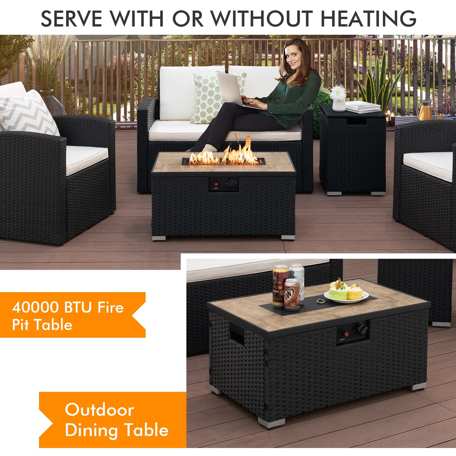 32 x 20 Inch Propane Rattan Fire Pit Table Set with Side Table Tank and Cover, Black Fire Pit Tables   at Gallery Canada