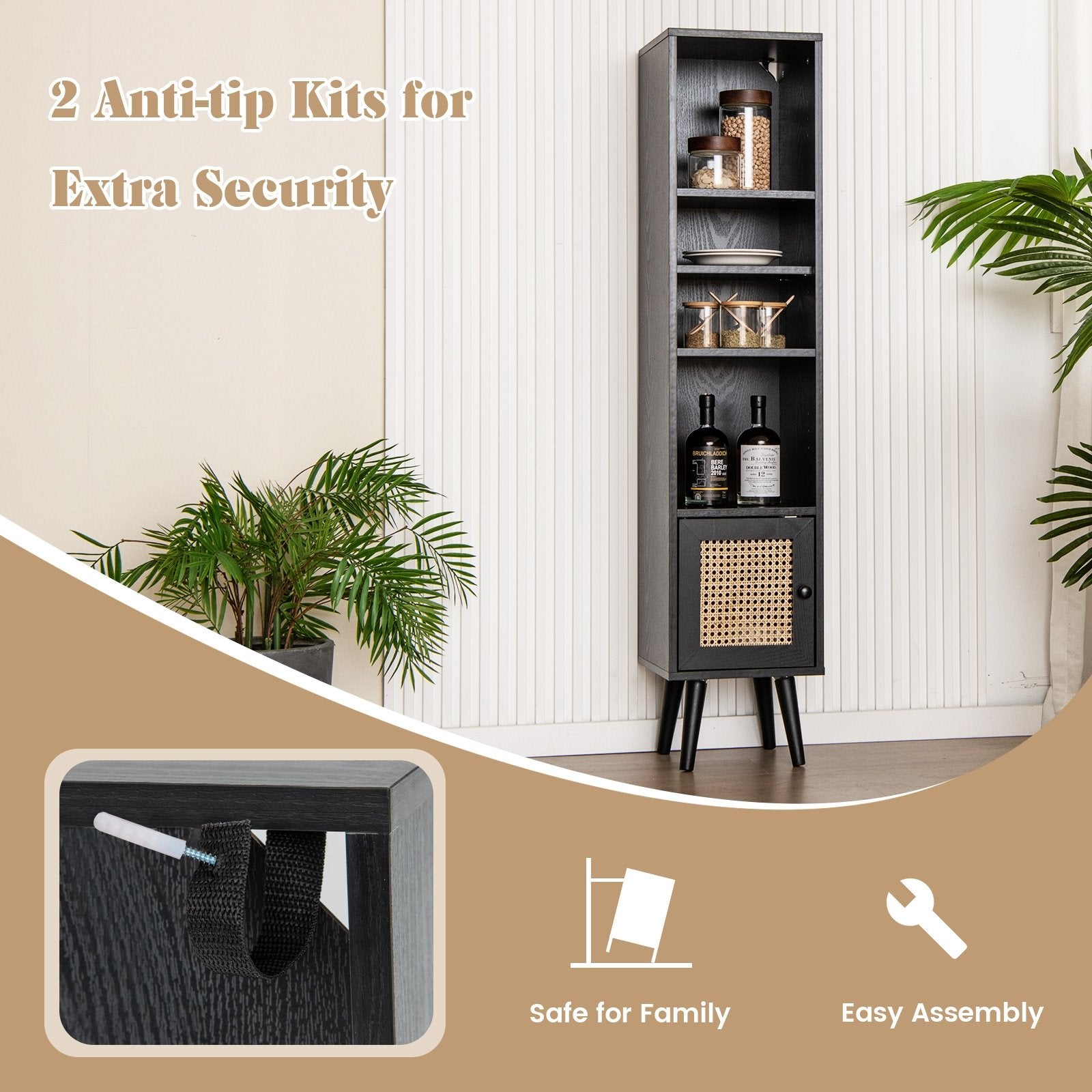 4 Tiers Rattan Storage Cabinet with Slim Design, Black Cabinets & Chests   at Gallery Canada