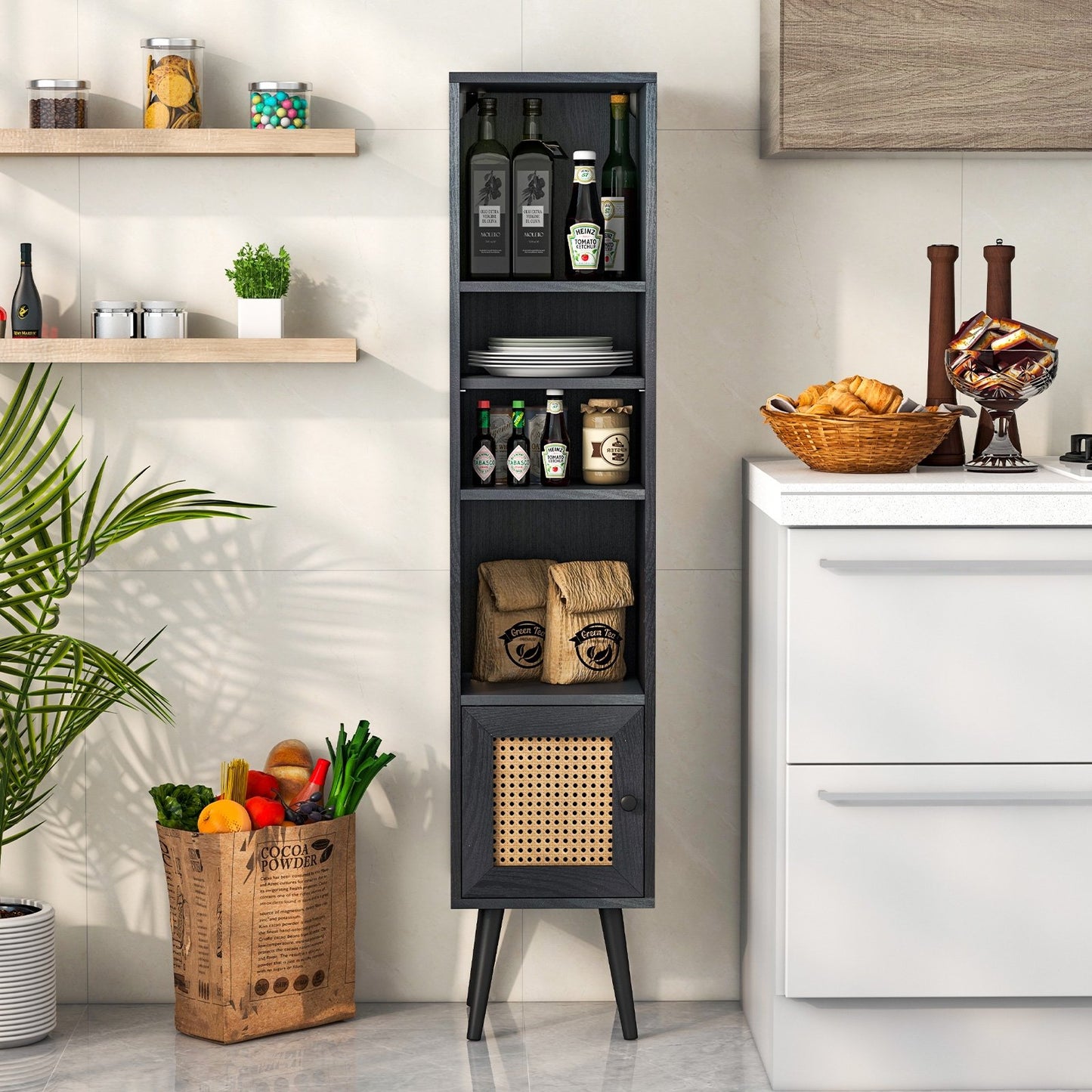 4 Tiers Rattan Storage Cabinet with Slim Design, Black Cabinets & Chests   at Gallery Canada