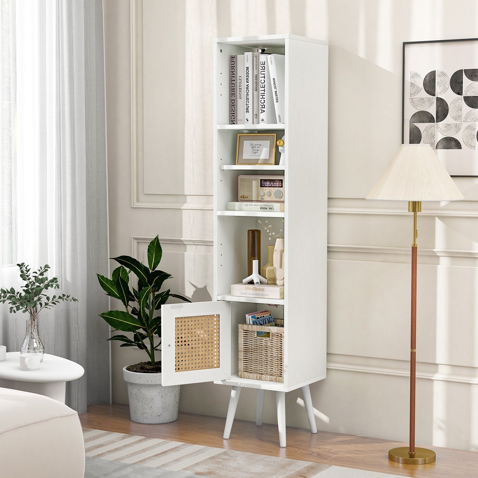 4 Tiers Rattan Storage Cabinet with Slim Design, White Cabinets & Chests   at Gallery Canada