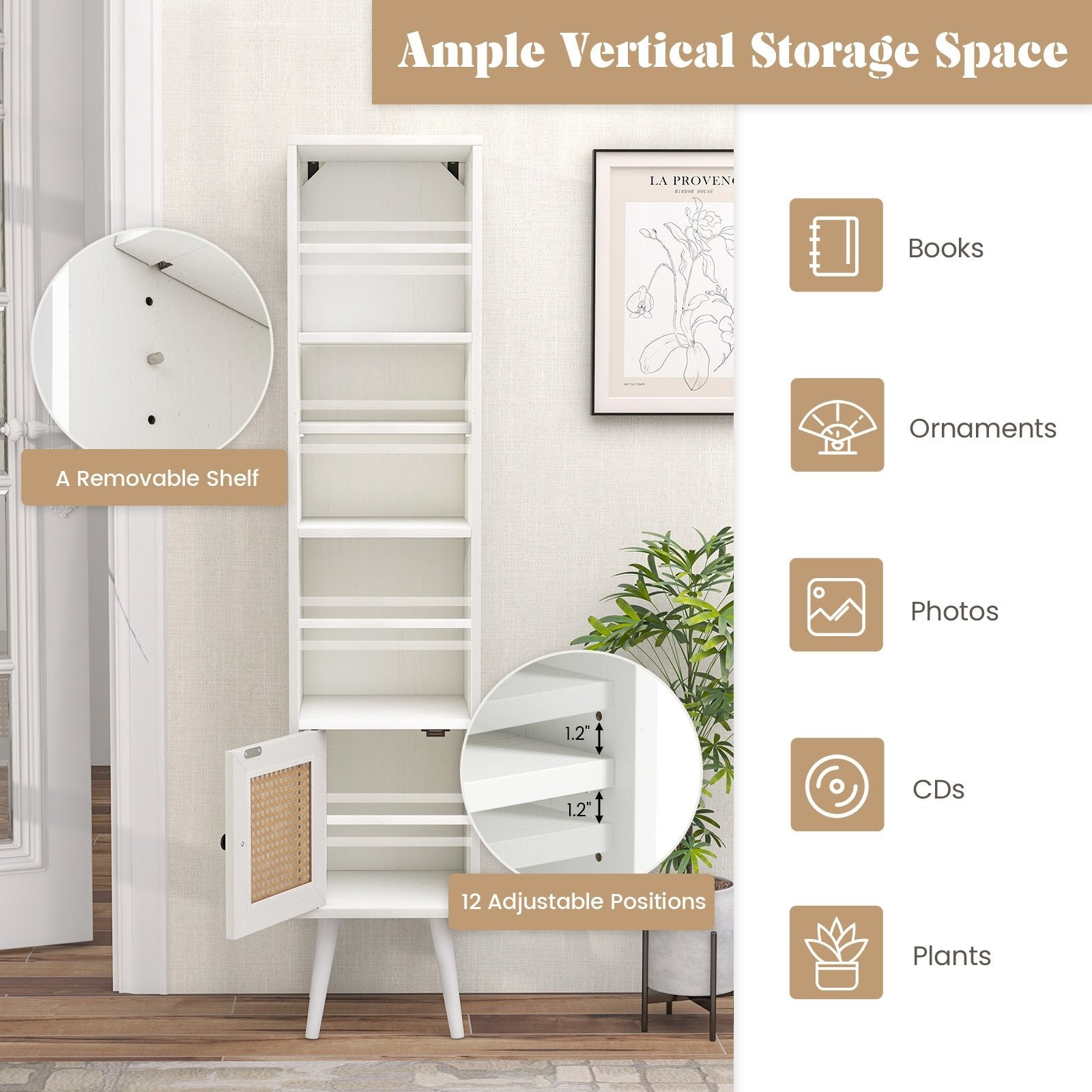 4 Tiers Rattan Storage Cabinet with Slim Design, White Cabinets & Chests   at Gallery Canada