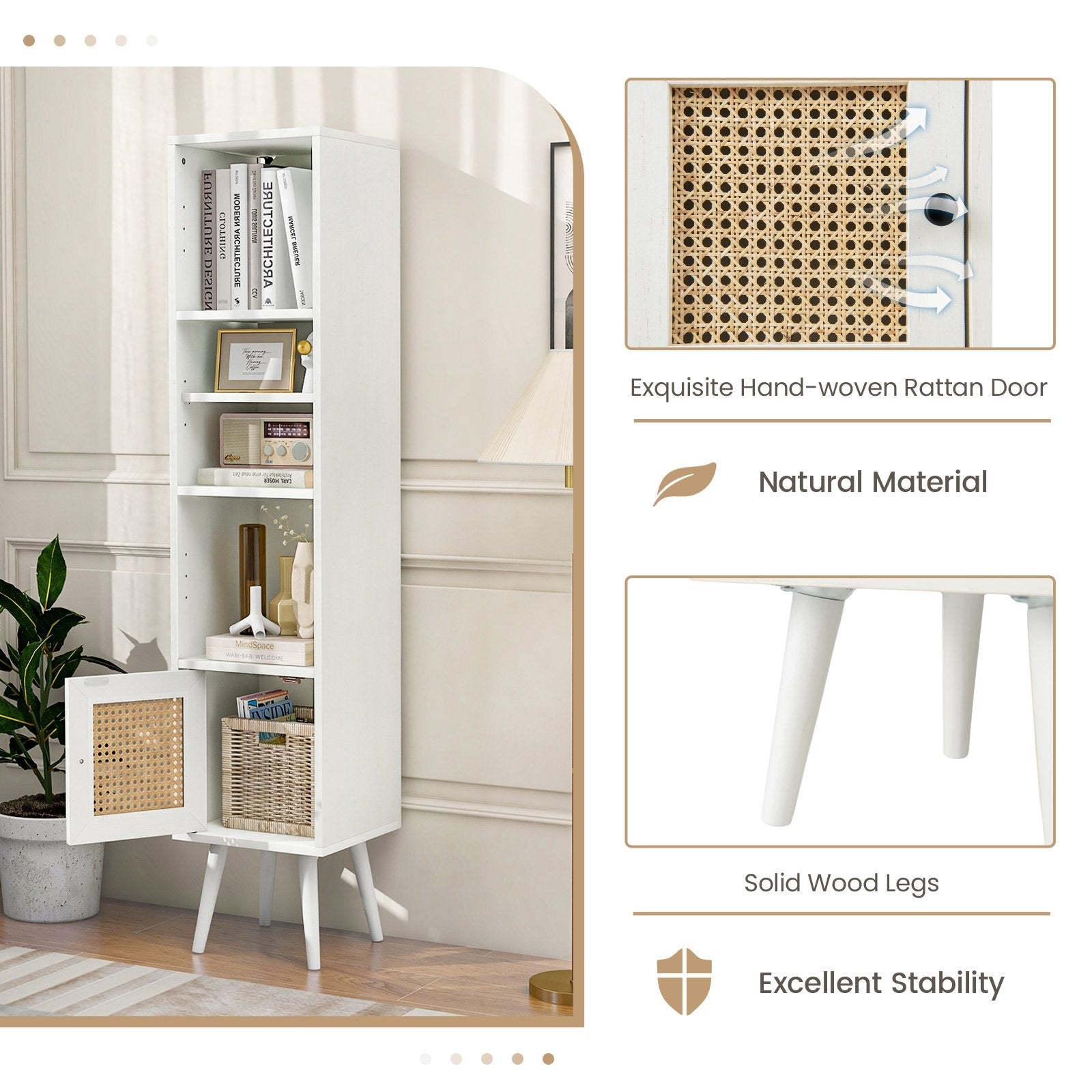 4 Tiers Rattan Storage Cabinet with Slim Design, White Cabinets & Chests   at Gallery Canada