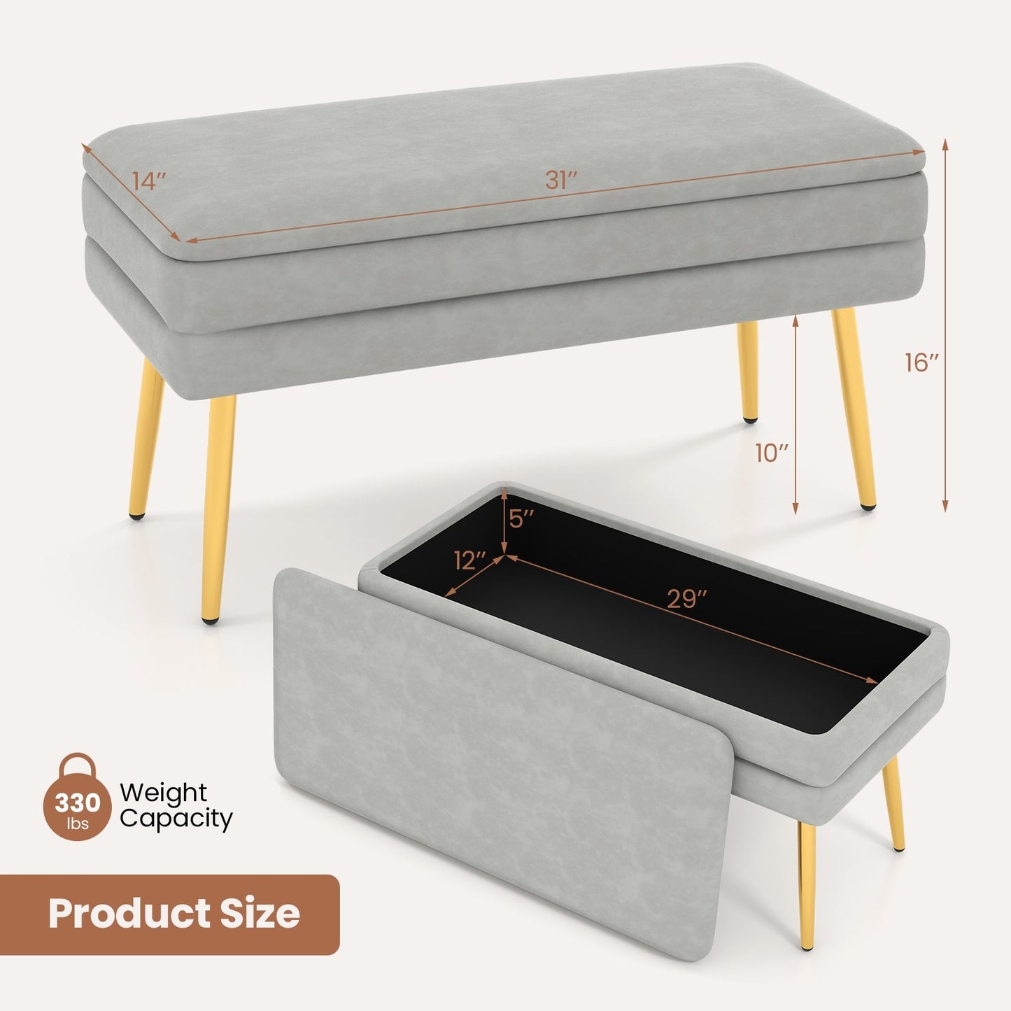 Velvet Upholstered Storage Bench with Removable Top-Grey, Gray Shoe Racks & Storage Benches   at Gallery Canada