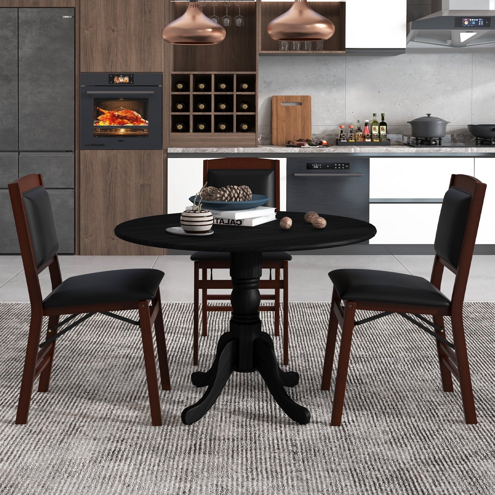 Wooden Dining Table with Round Tabletop and Curved Trestle Legs, Black Dining Tables   at Gallery Canada