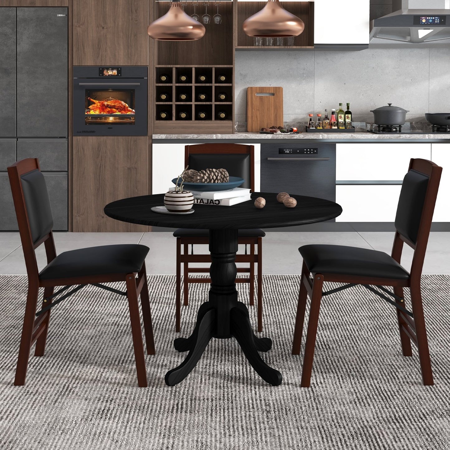 Wooden Dining Table with Round Tabletop and Curved Trestle Legs, Black Dining Tables   at Gallery Canada