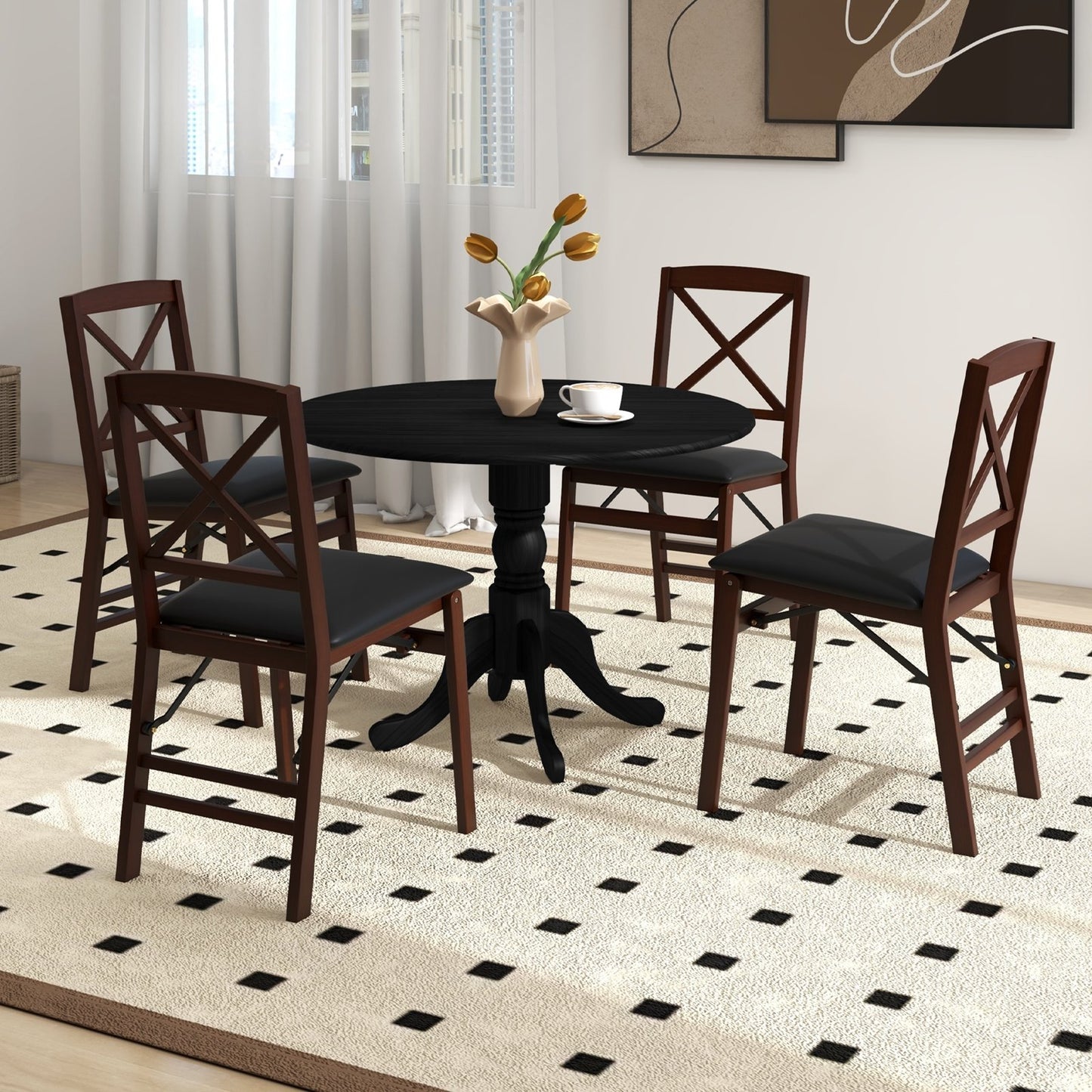 Wooden Dining Table with Round Tabletop and Curved Trestle Legs, Black Dining Tables   at Gallery Canada