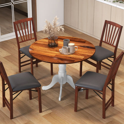 Wooden Dining Table with Round Tabletop and Curved Trestle Legs, Walnut & White