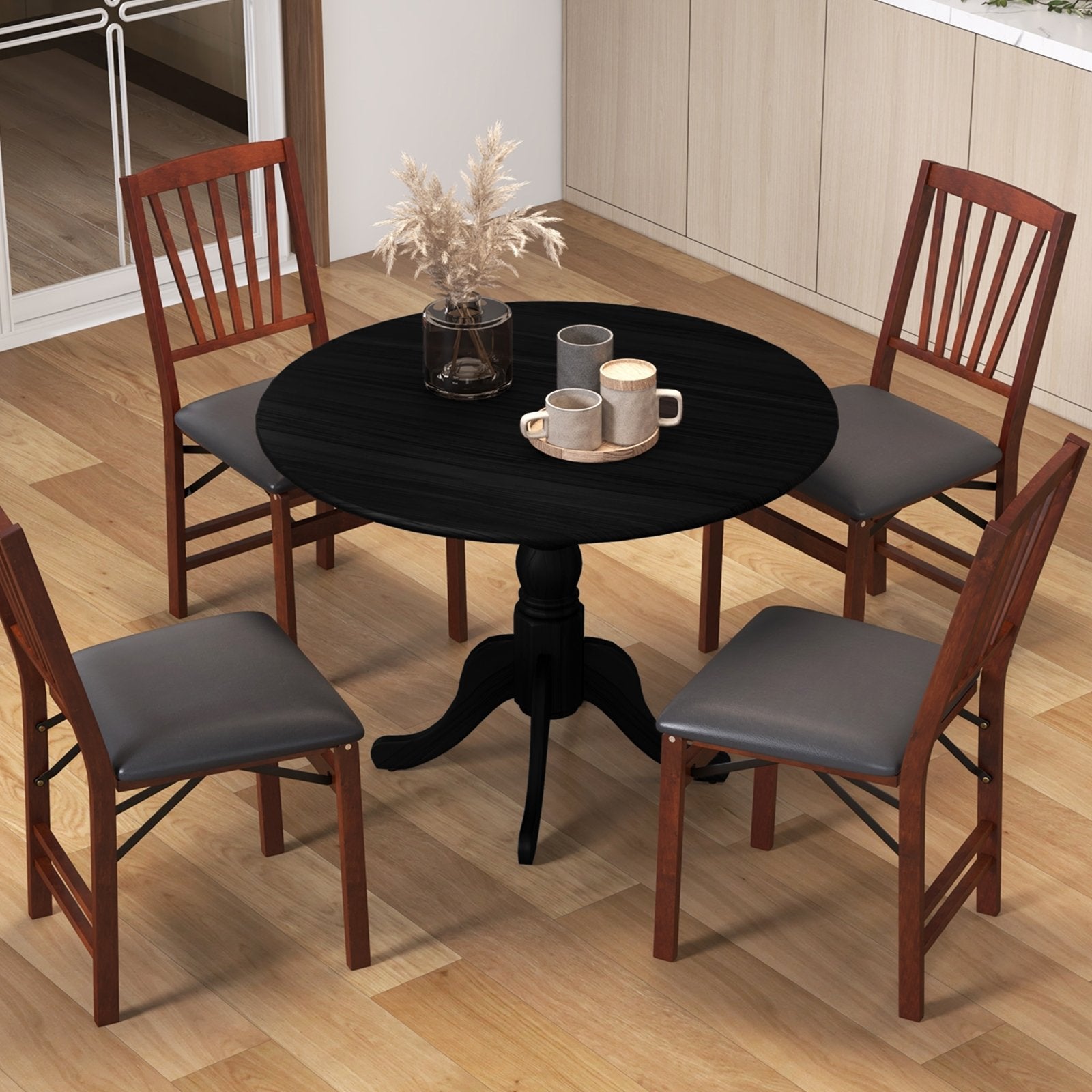 Wooden Dining Table with Round Tabletop and Curved Trestle Legs, Black Dining Tables   at Gallery Canada