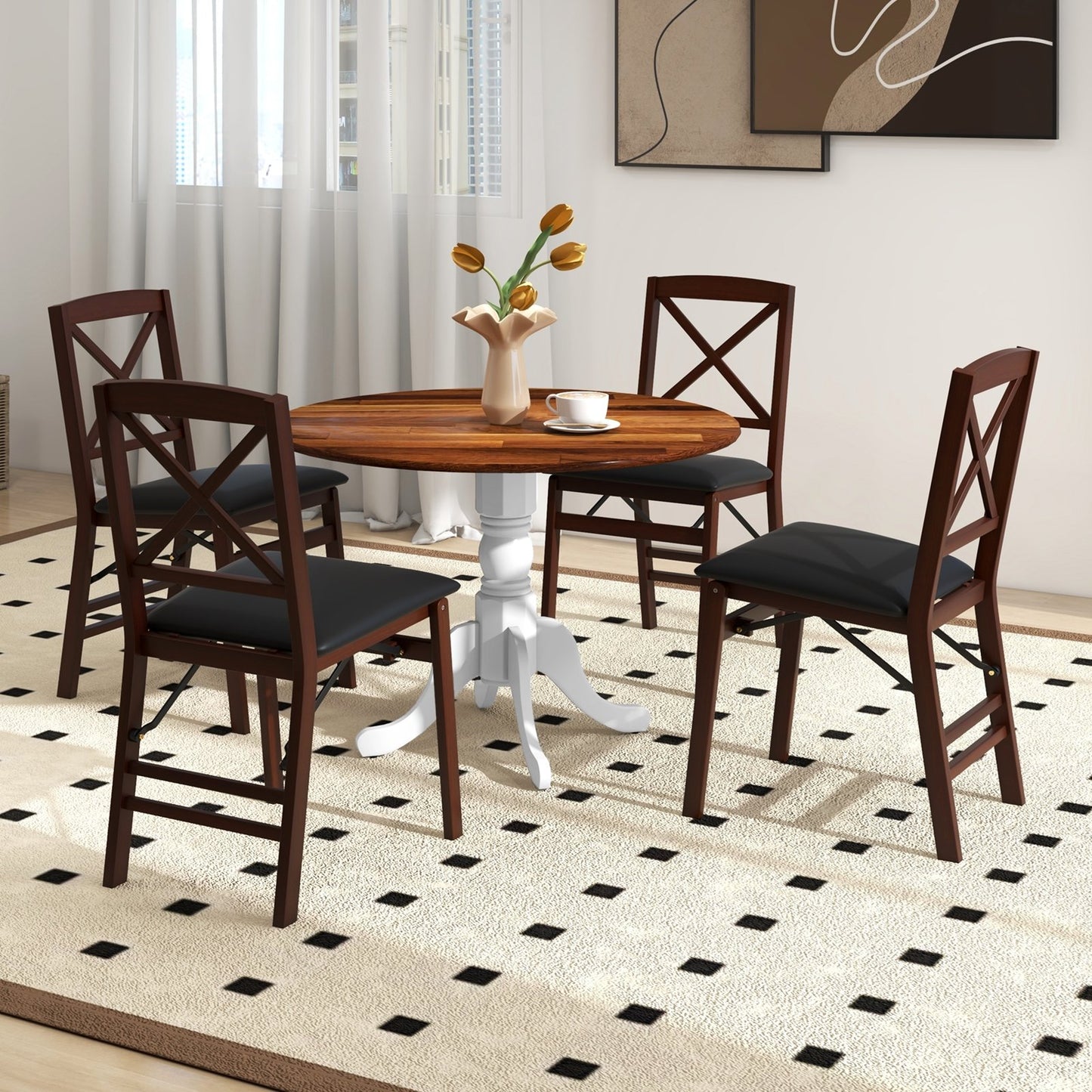 Wooden Dining Table with Round Tabletop and Curved Trestle Legs, Walnut & White Dining Tables   at Gallery Canada