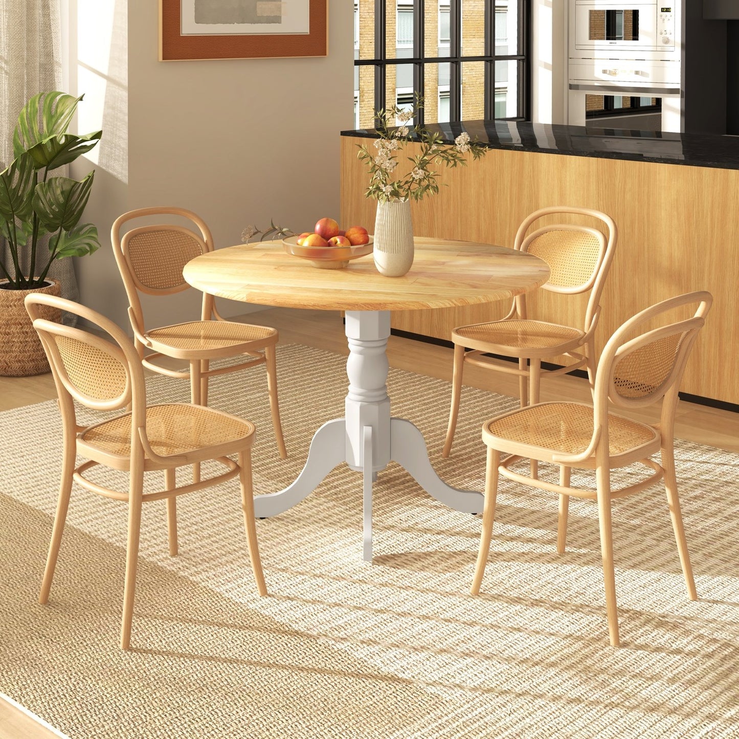 Wooden Dining Table with Round Tabletop and Curved Trestle Legs, Natural & White Dining Tables   at Gallery Canada