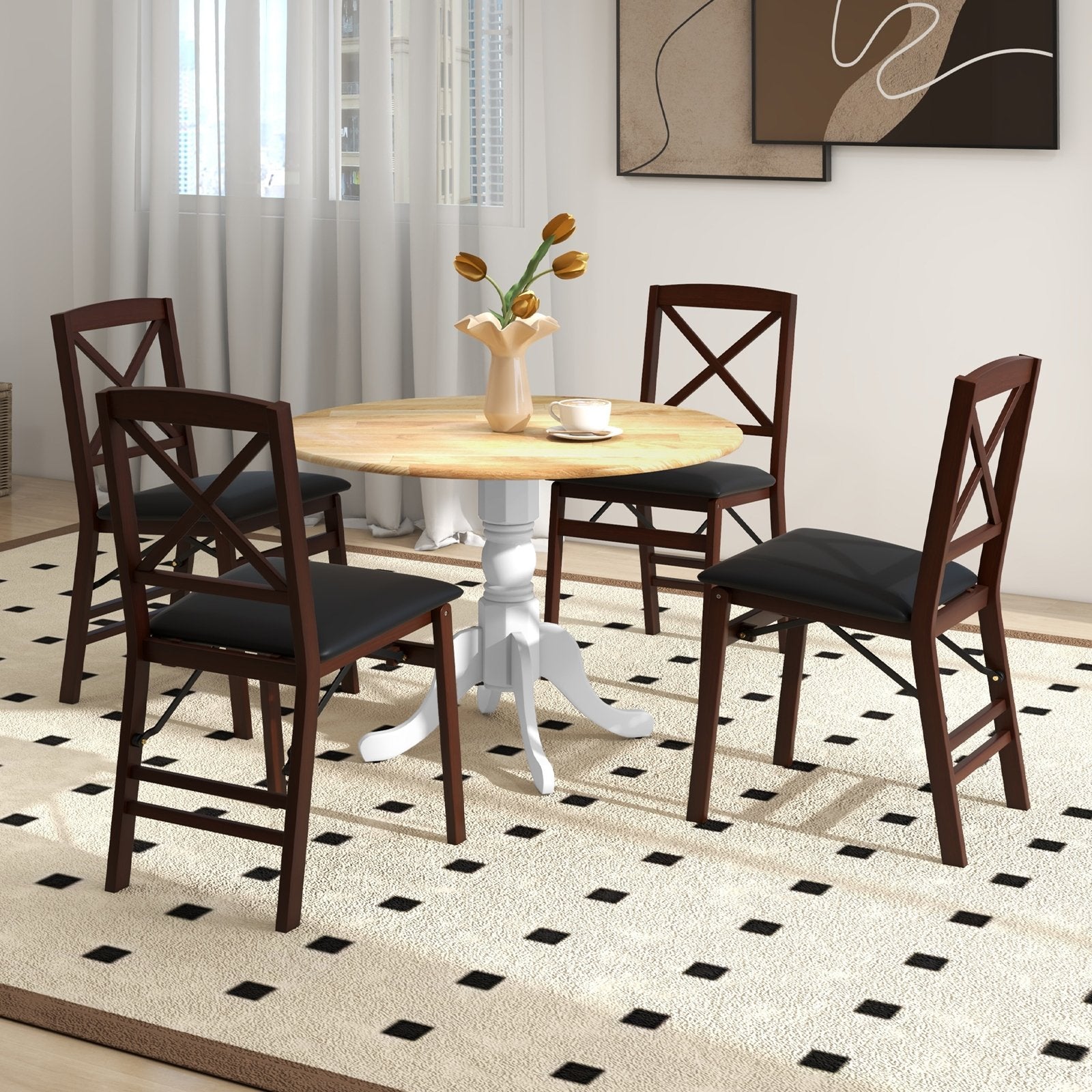 Wooden Dining Table with Round Tabletop and Curved Trestle Legs, Natural & White Dining Tables   at Gallery Canada