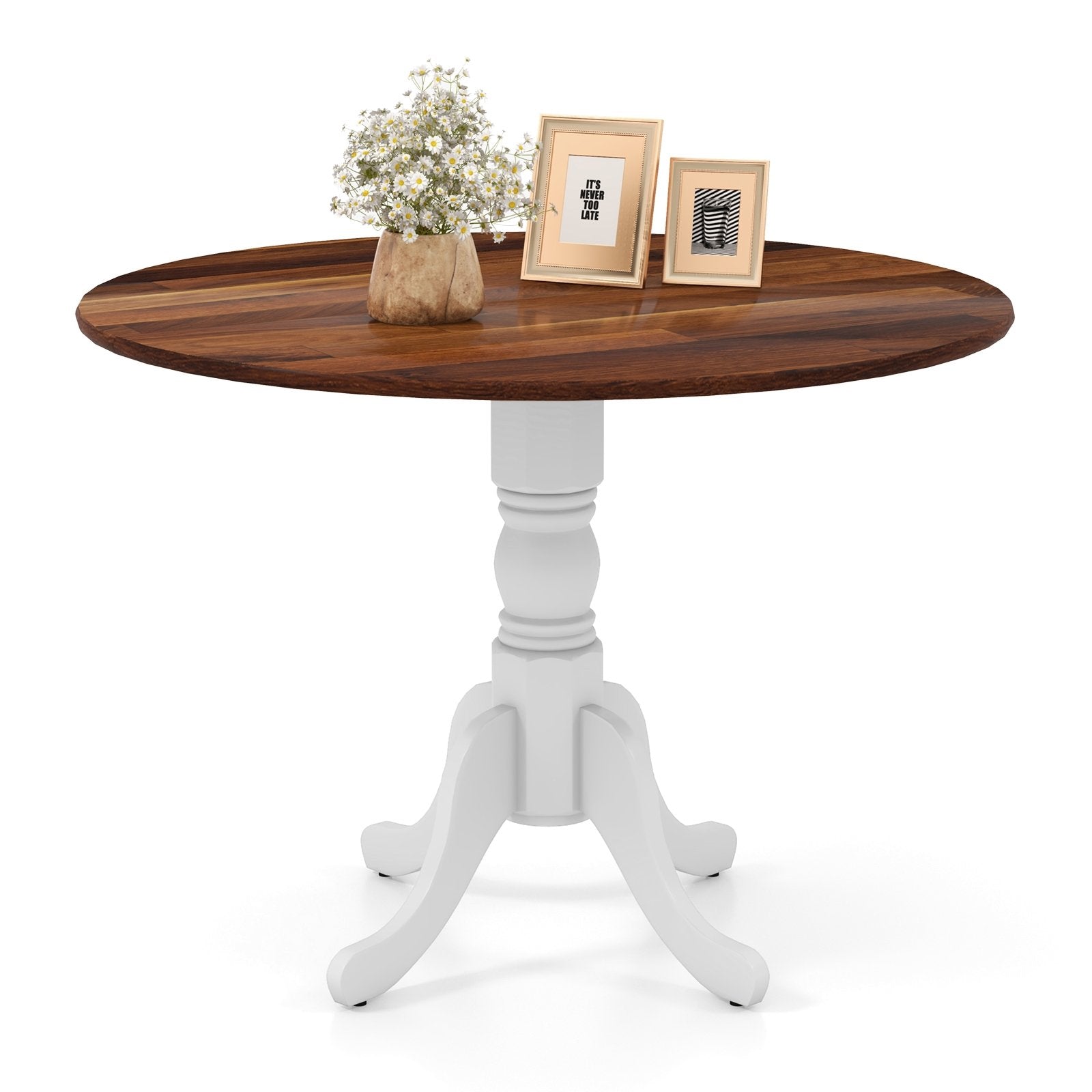 Wooden Dining Table with Round Tabletop and Curved Trestle Legs, Walnut & White Dining Tables   at Gallery Canada