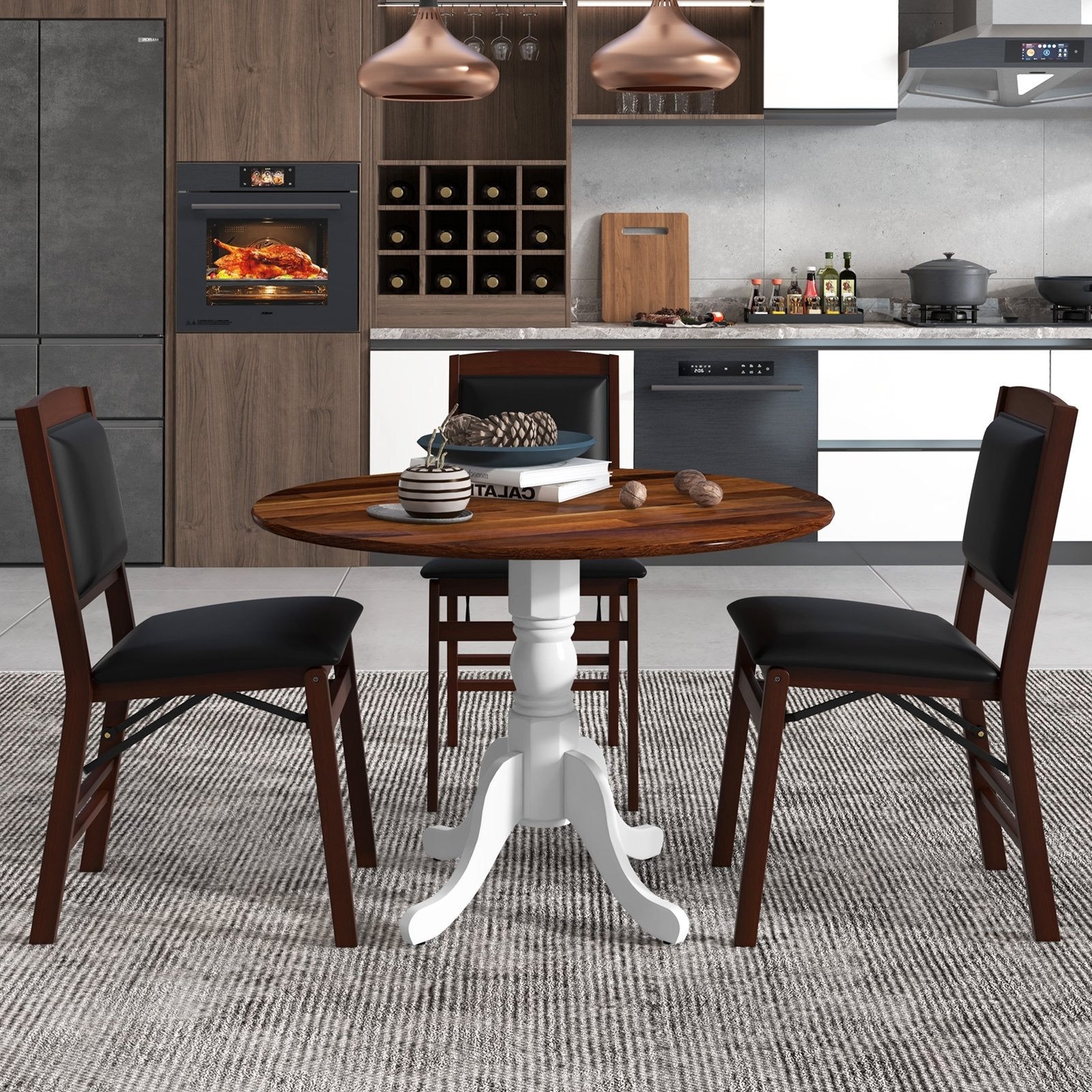 Wooden Dining Table with Round Tabletop and Curved Trestle Legs, Walnut & White Dining Tables   at Gallery Canada