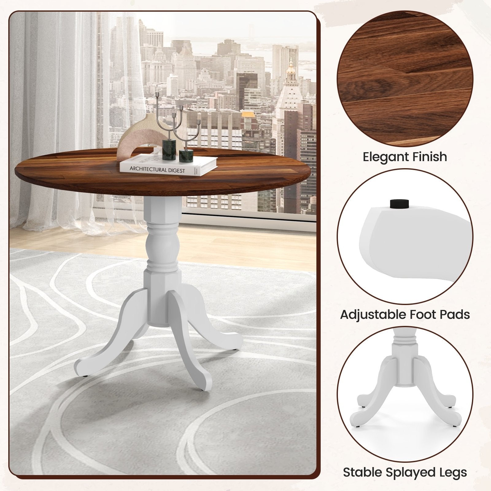 Wooden Dining Table with Round Tabletop and Curved Trestle Legs, Walnut & White Dining Tables   at Gallery Canada