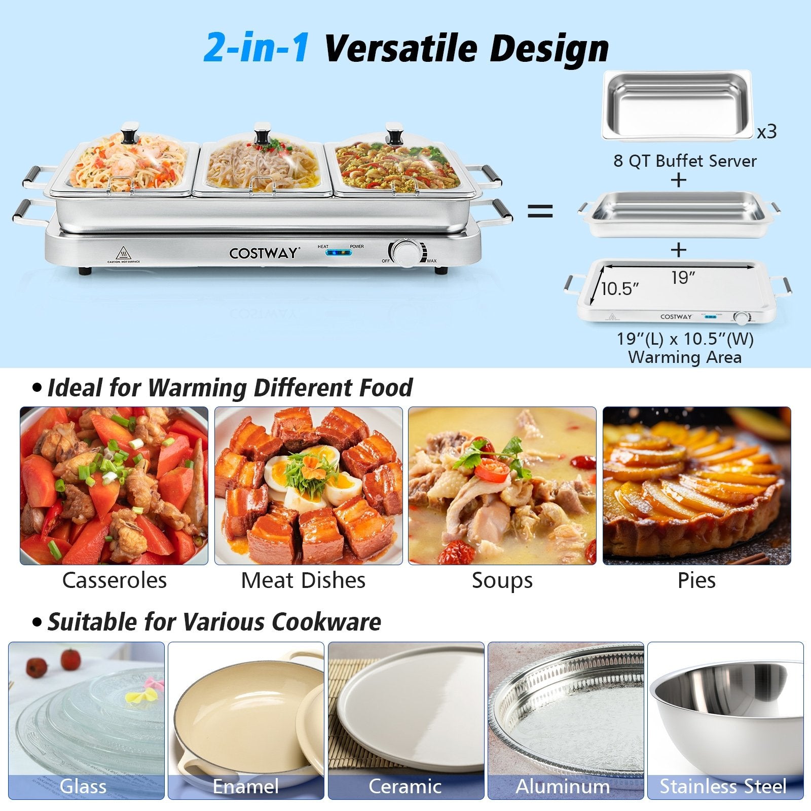 2 in 1 Electric Warming Tray with Temperature Control, Silver Food Warmers & Burners   at Gallery Canada