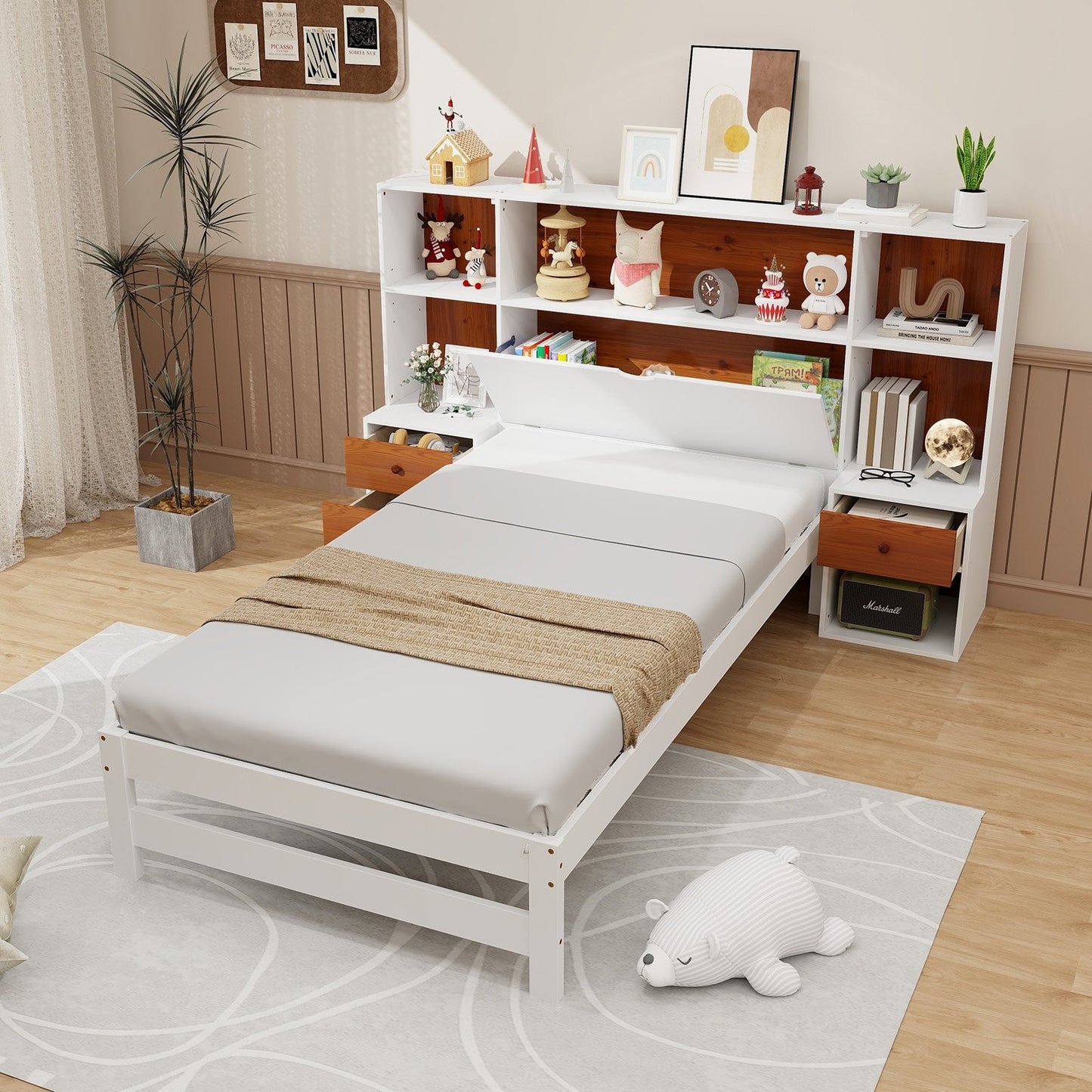 Bed Frame with Storage Headboard and Nightstands-Twin Size, White Simple Bed Frame   at Gallery Canada