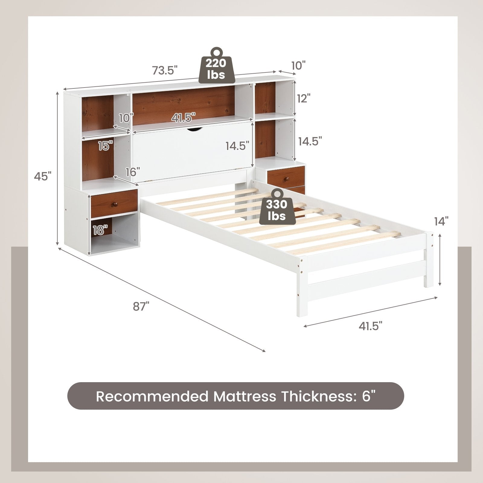 Bed Frame with Storage Headboard and Nightstands-Twin Size, White Simple Bed Frame   at Gallery Canada