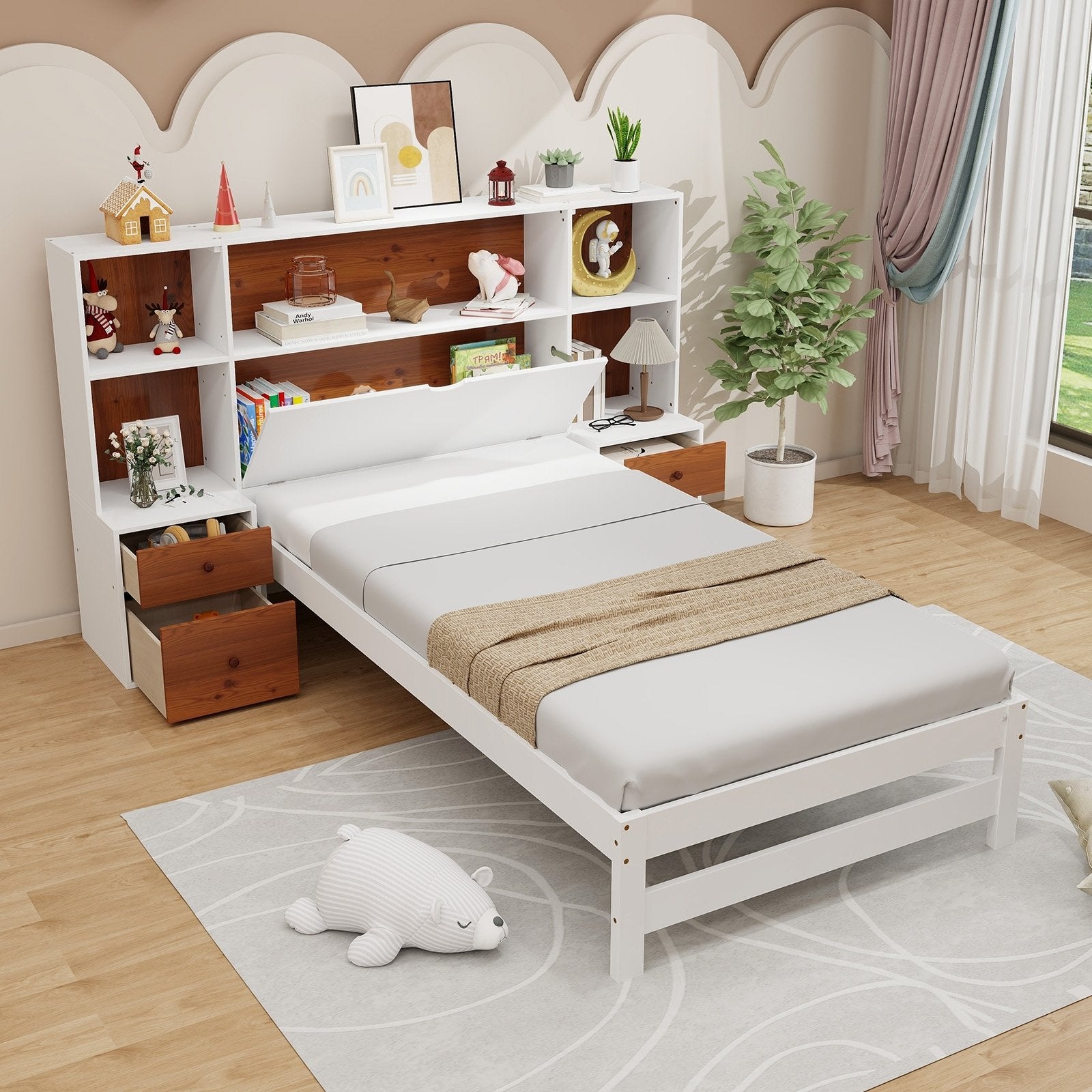 Bed Frame with Storage Headboard and Nightstands-Twin Size, White Simple Bed Frame   at Gallery Canada