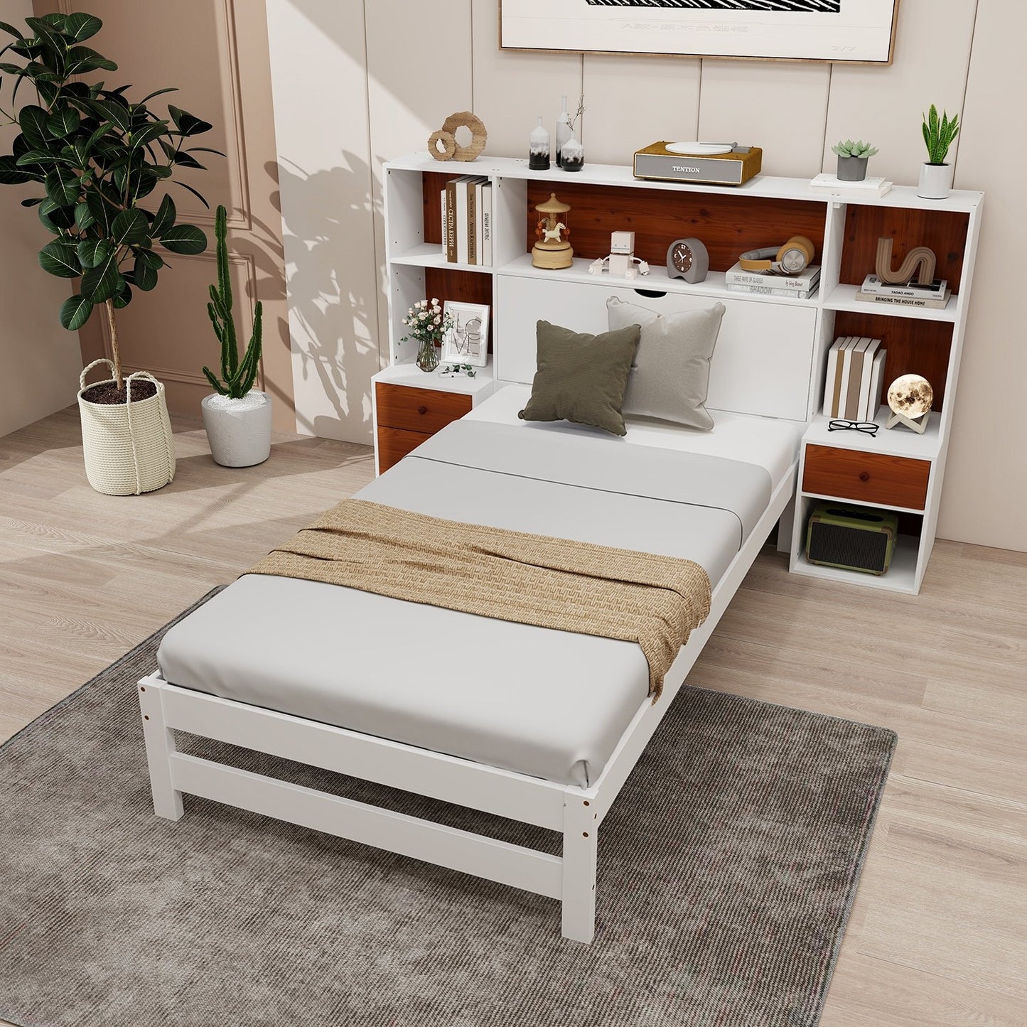 Bed Frame with Storage Headboard and Nightstands-Twin Size, White Simple Bed Frame   at Gallery Canada