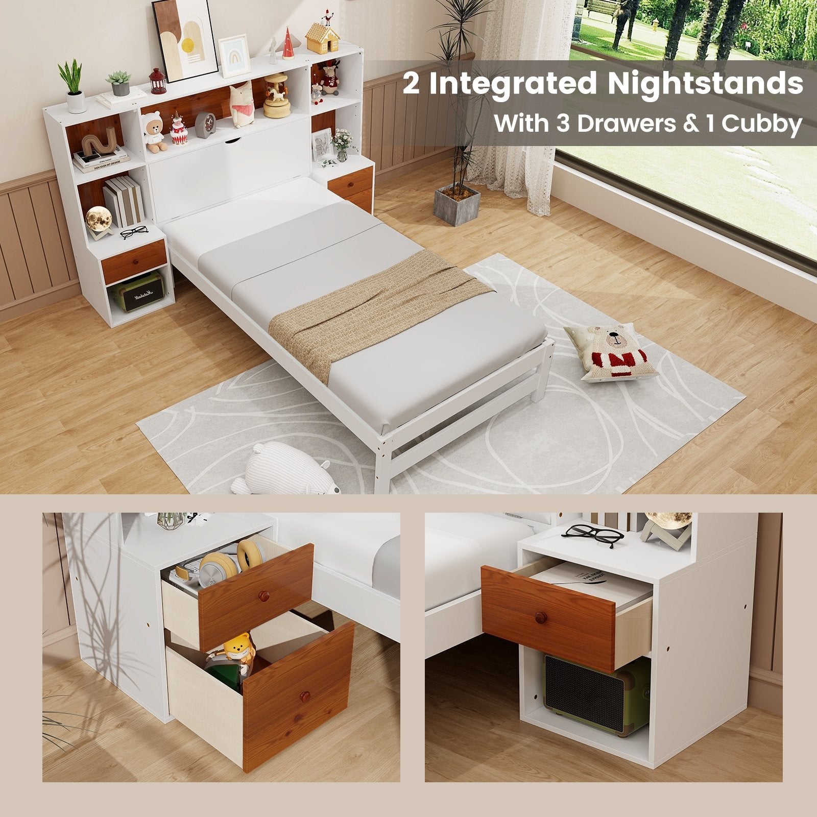 Bed Frame with Storage Headboard and Nightstands-Twin Size, White Simple Bed Frame   at Gallery Canada