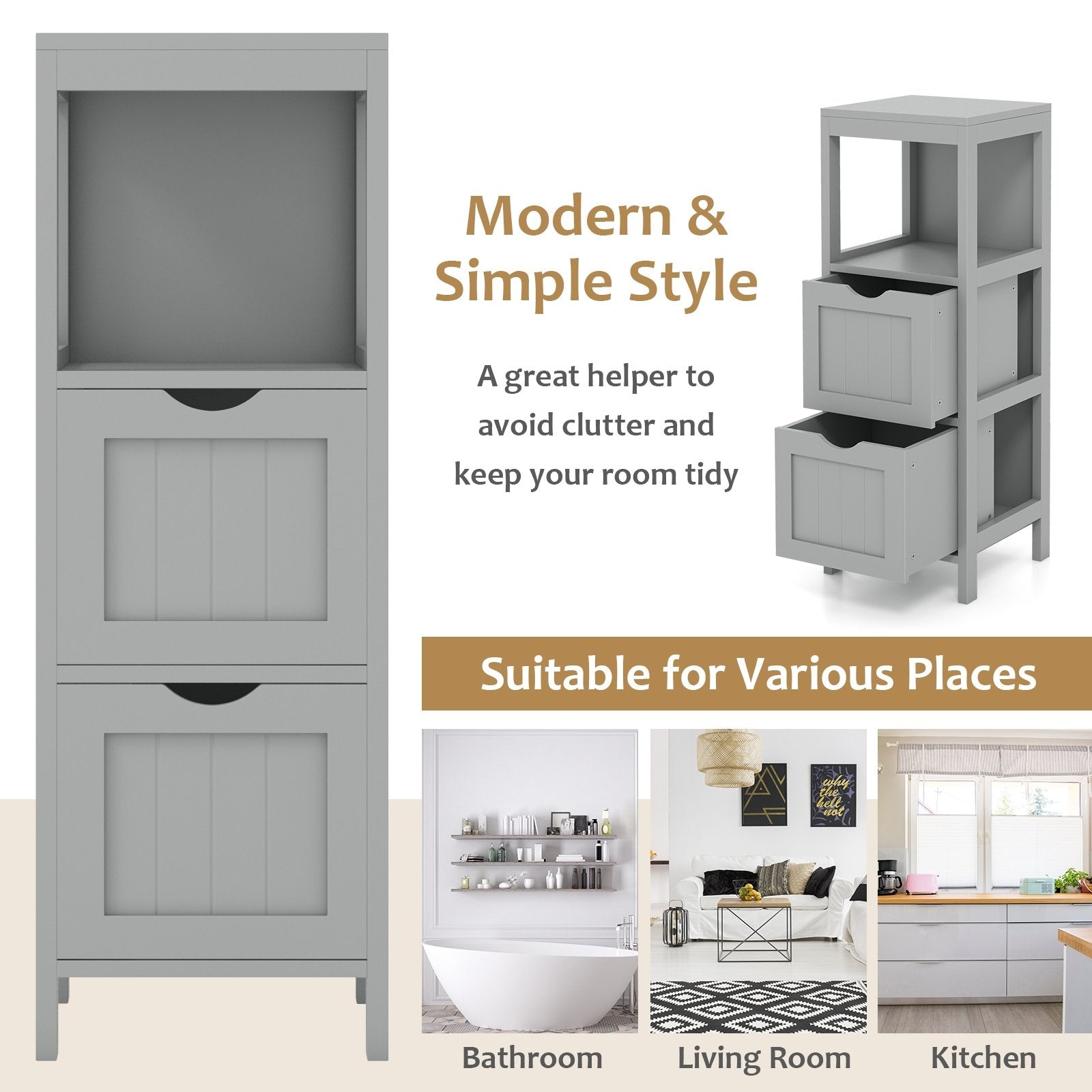 Freestanding Storage Cabinet with 2 Removable Drawers for Bathroom, Gray Floor Cabinets   at Gallery Canada