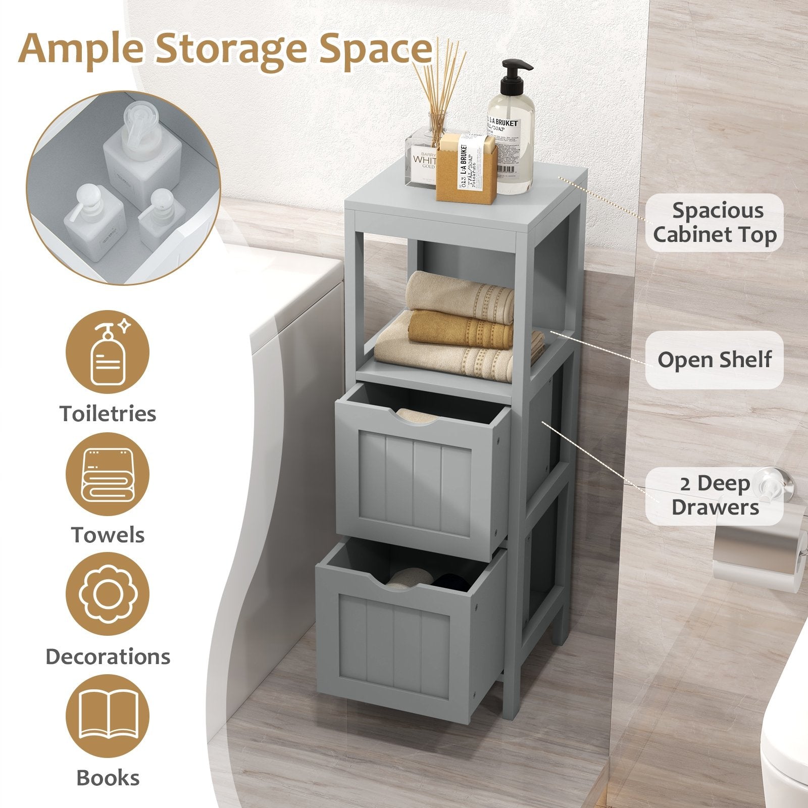 Freestanding Storage Cabinet with 2 Removable Drawers for Bathroom, Gray Floor Cabinets   at Gallery Canada