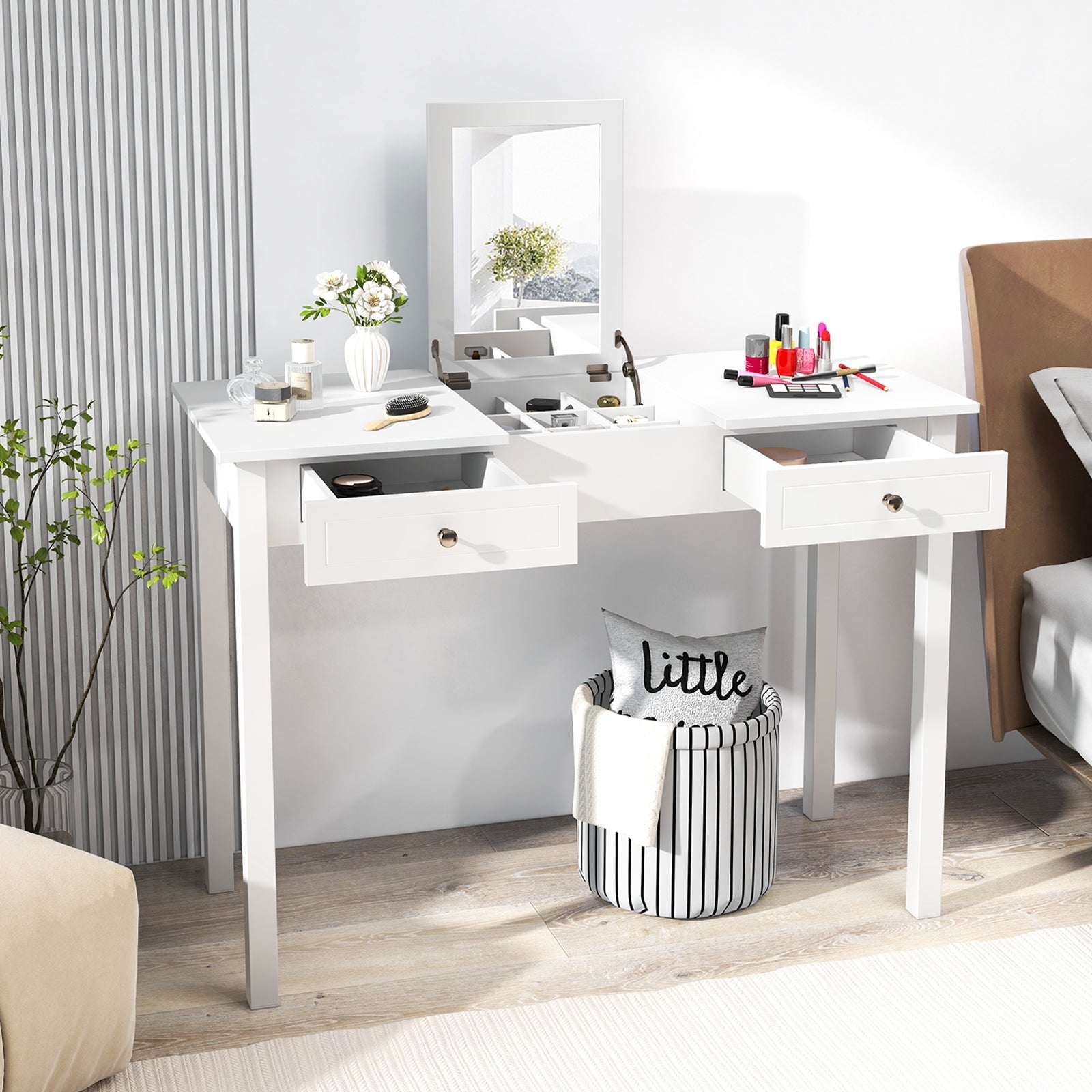 Vanity Desk Makeup Dressing Table with Flip Top Mirror and Drawers, White Makeup Vanities at Gallery Canada