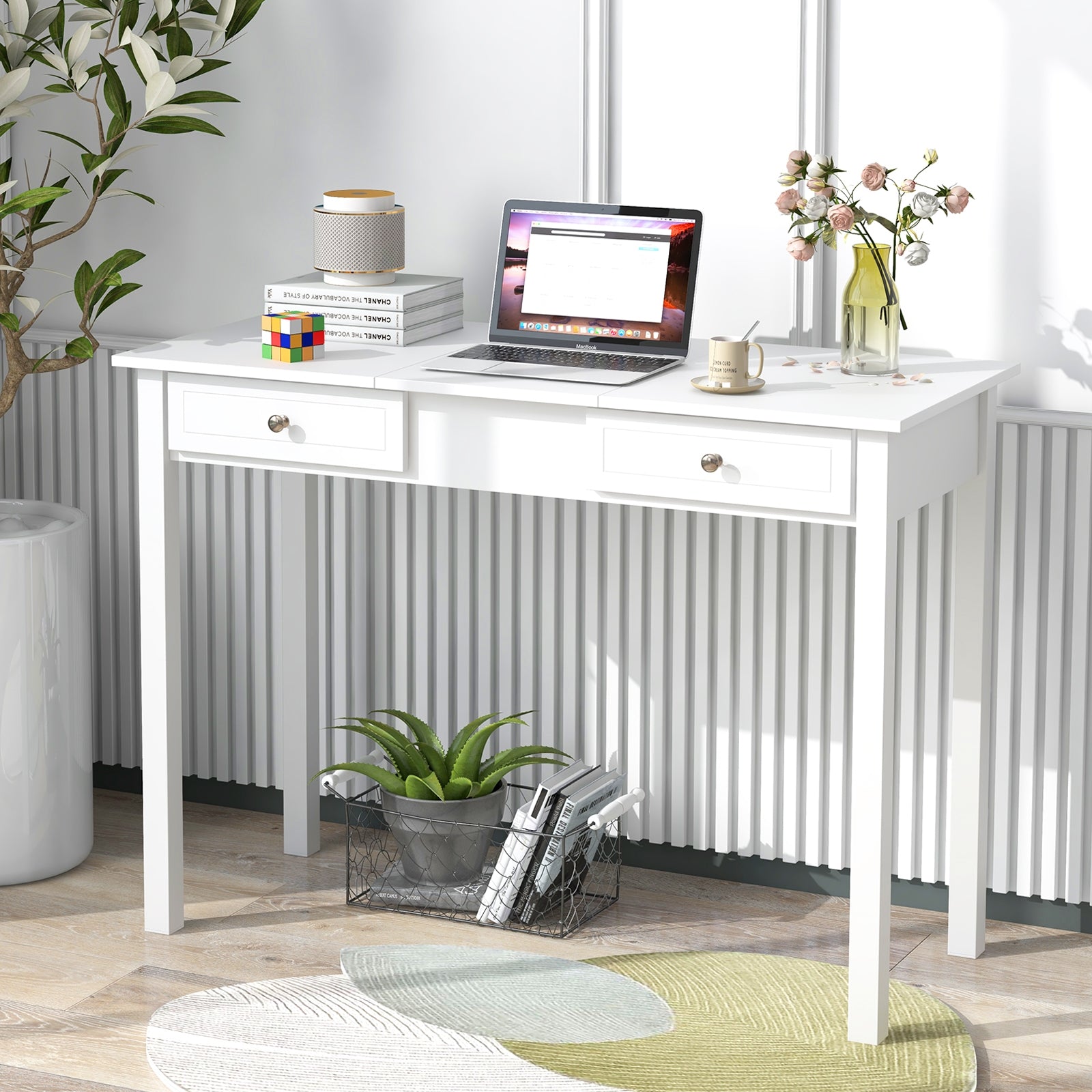 Vanity Desk Makeup Dressing Table with Flip Top Mirror and Drawers, White Makeup Vanities at Gallery Canada