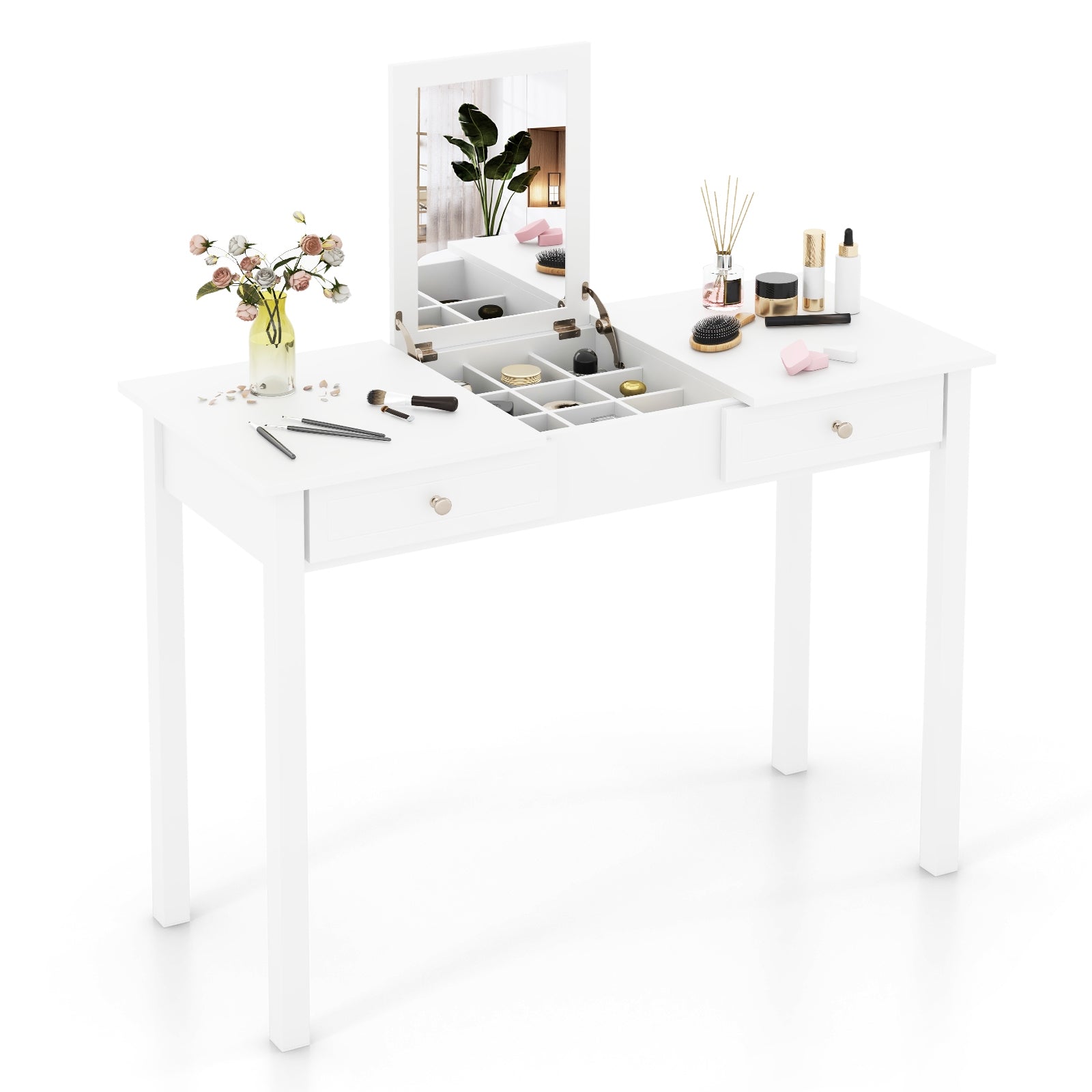 Vanity Desk Makeup Dressing Table with Flip Top Mirror and Drawers, White Makeup Vanities at Gallery Canada
