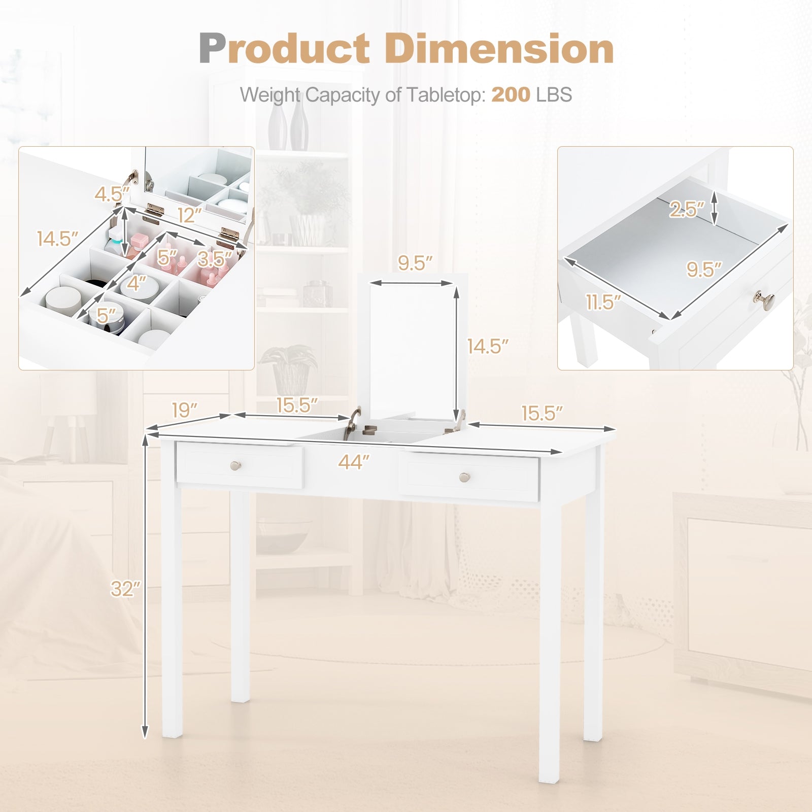 Vanity Desk Makeup Dressing Table with Flip Top Mirror and Drawers, White Makeup Vanities at Gallery Canada