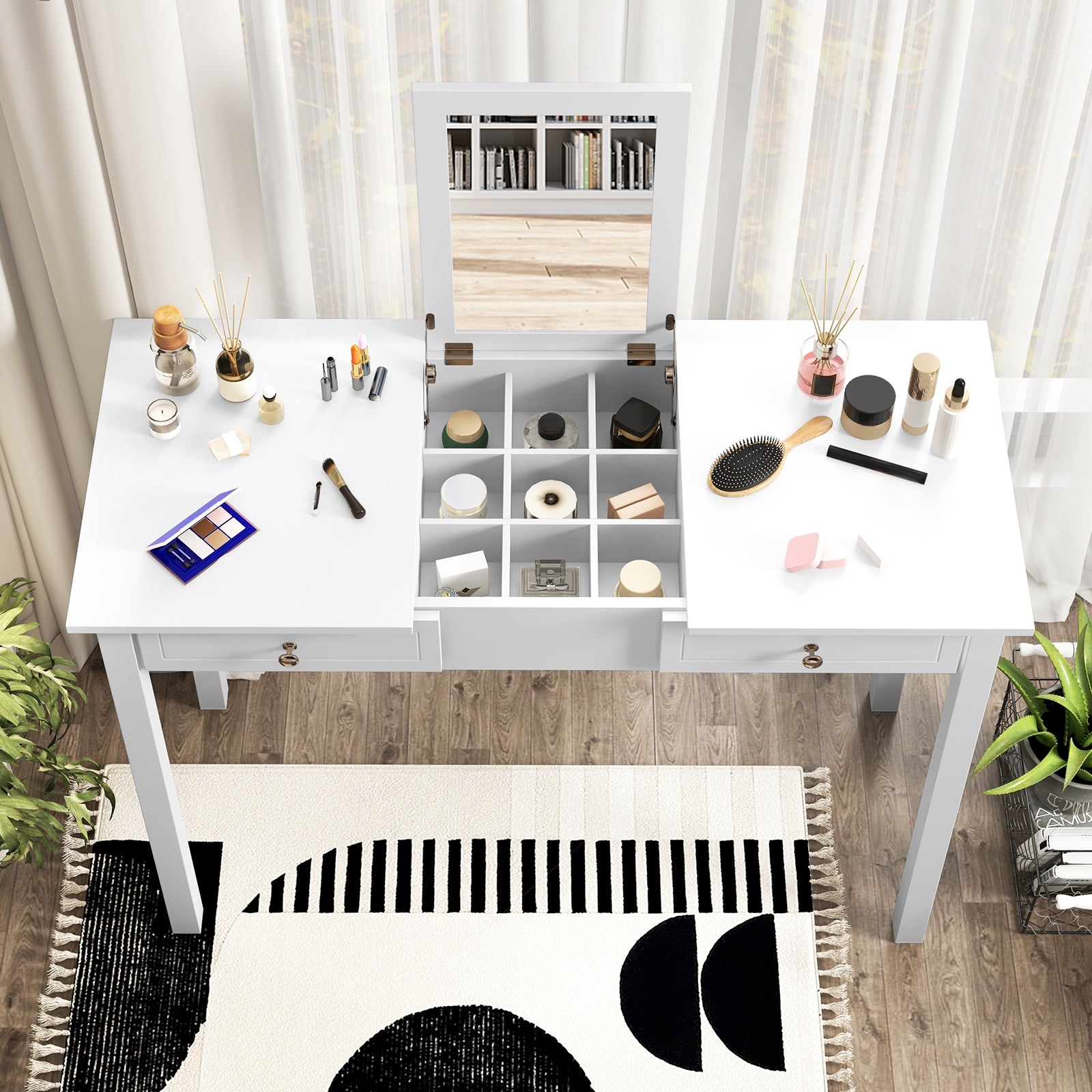 Vanity Desk Makeup Dressing Table with Flip Top Mirror and Drawers, White Makeup Vanities at Gallery Canada
