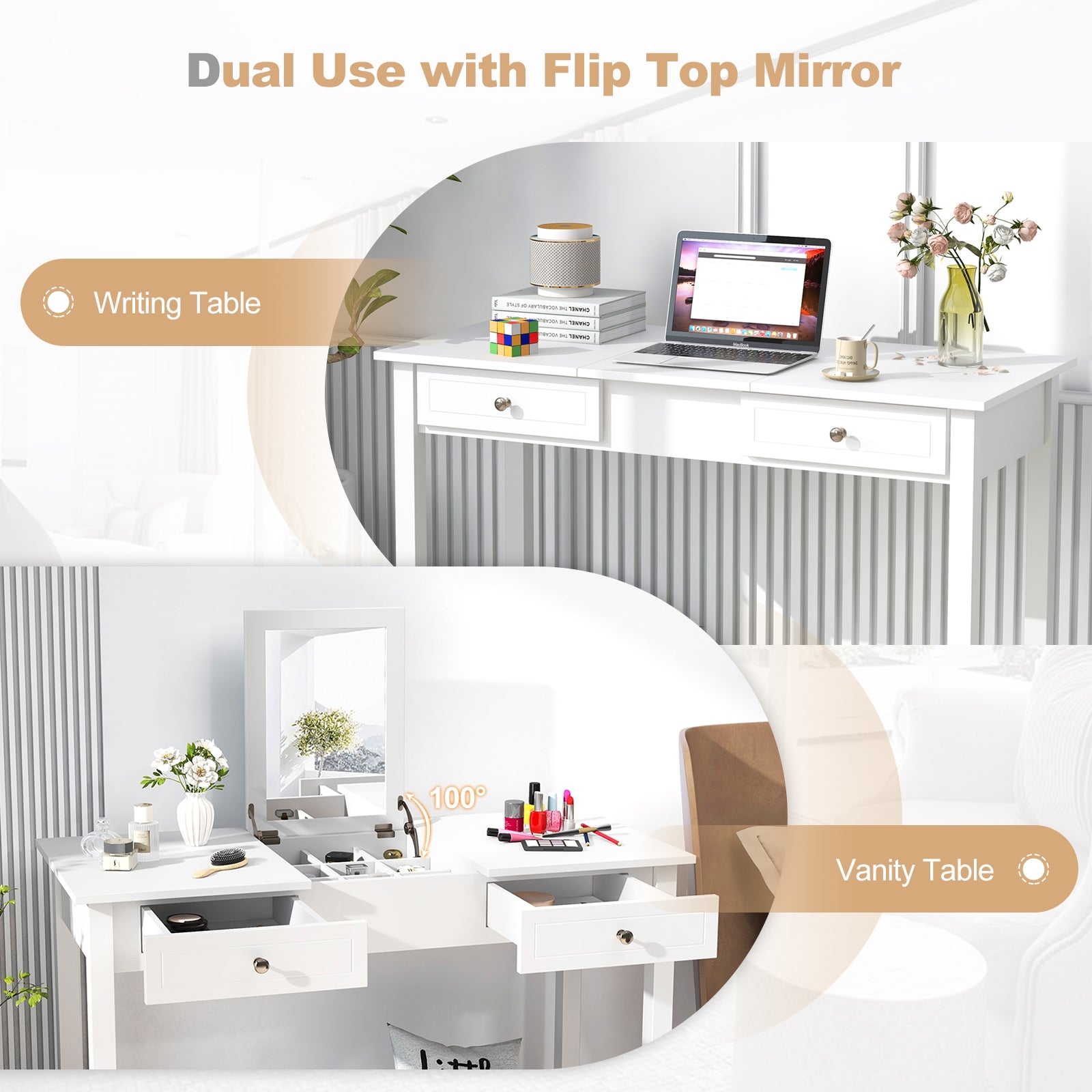Vanity Desk Makeup Dressing Table with Flip Top Mirror and Drawers, White Makeup Vanities at Gallery Canada