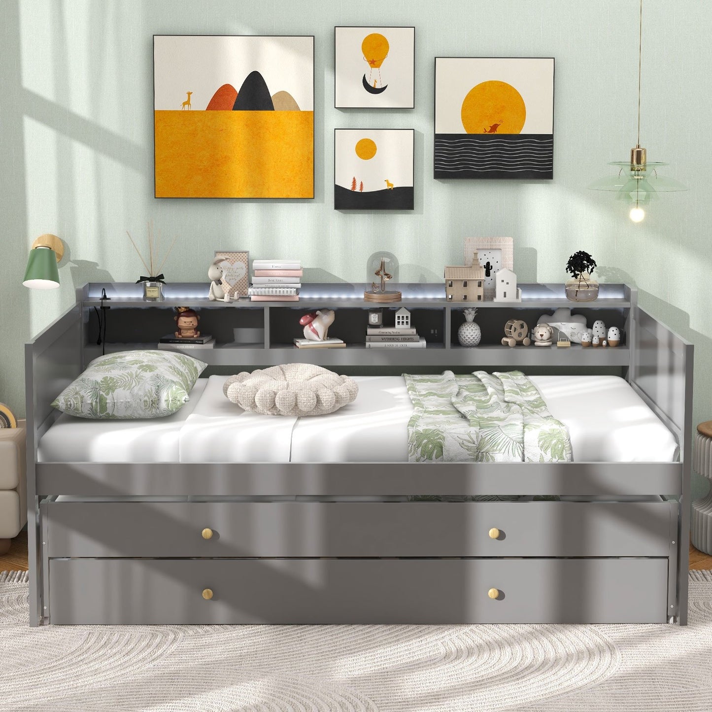 Twin XL Captain Bed with 2 Twin Trundle Beds and 3 Storage Cubbies, Gray Trundle Bed Frame   at Gallery Canada