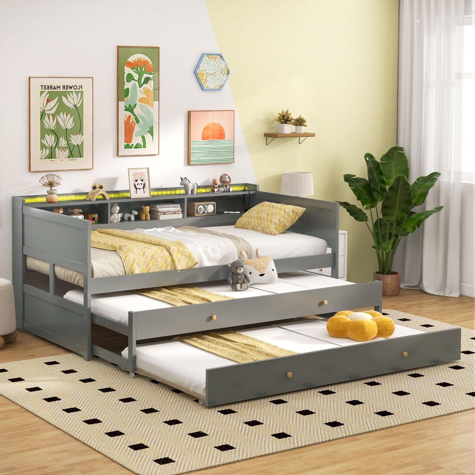 Twin XL Captain Bed with 2 Twin Trundle Beds and 3 Storage Cubbies, Gray Trundle Bed Frame   at Gallery Canada