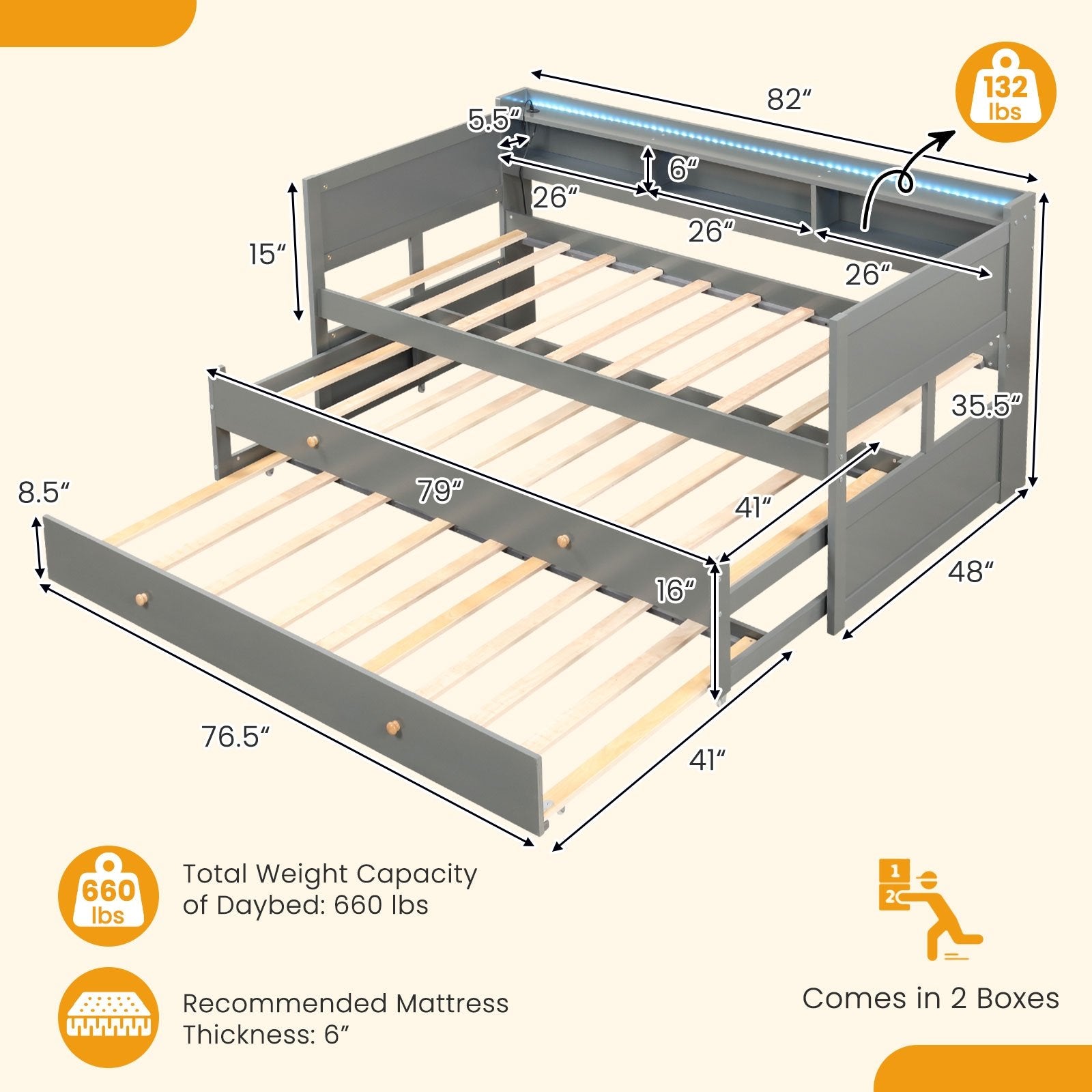 Twin XL Captain Bed with 2 Twin Trundle Beds and 3 Storage Cubbies, Gray Trundle Bed Frame   at Gallery Canada