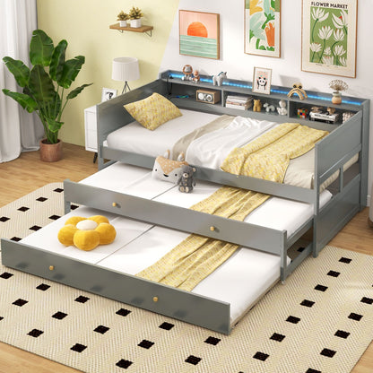 Twin XL Captain Bed with 2 Twin Trundle Beds and 3 Storage Cubbies, Gray Trundle Bed Frame   at Gallery Canada