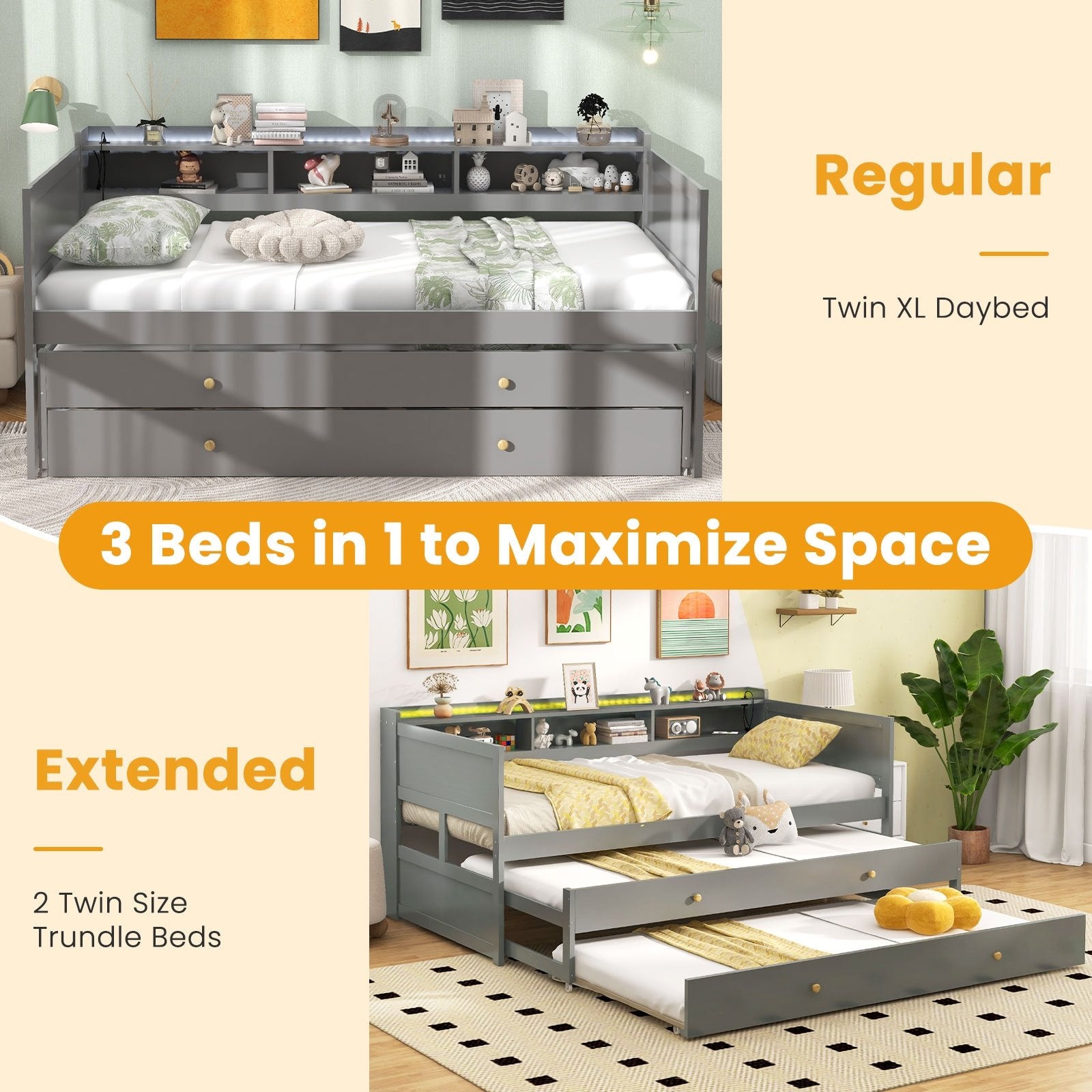 Twin XL Captain Bed with 2 Twin Trundle Beds and 3 Storage Cubbies, Gray Trundle Bed Frame   at Gallery Canada