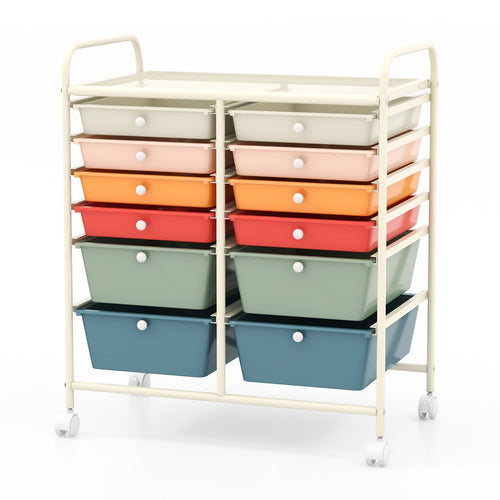 12 Drawers Rolling Storage Cart with Metal Frame and Lockable Wheels, Deep Multicolor