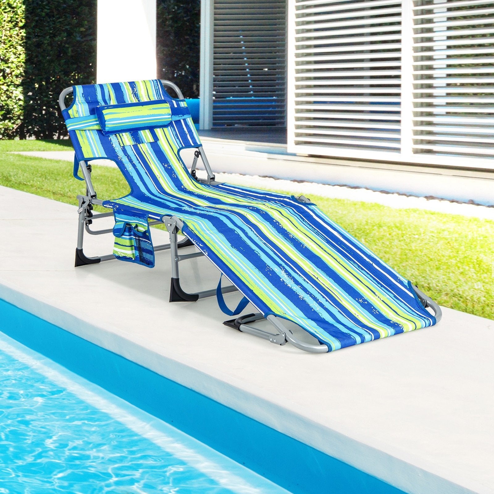 Folding Beach Lounge Chair with Pillow for Outdoor, Blue & Green Outdoor Chaise Lounges   at Gallery Canada