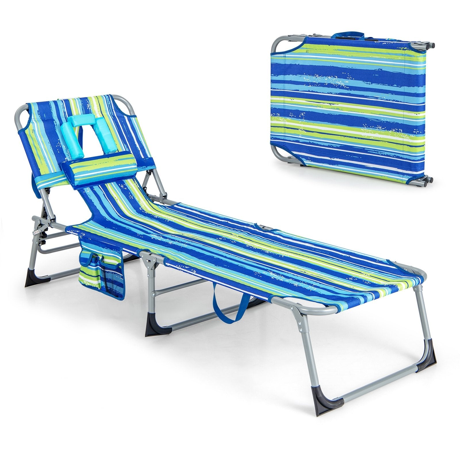 Folding Beach Lounge Chair with Pillow for Outdoor, Blue & Green Outdoor Chaise Lounges   at Gallery Canada