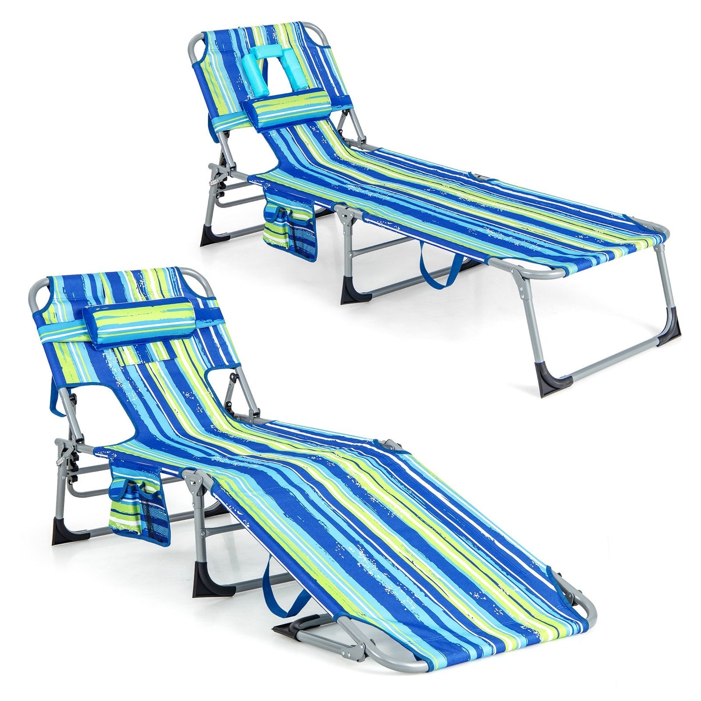 Folding Beach Lounge Chair with Pillow for Outdoor, Blue & Green Outdoor Chaise Lounges   at Gallery Canada