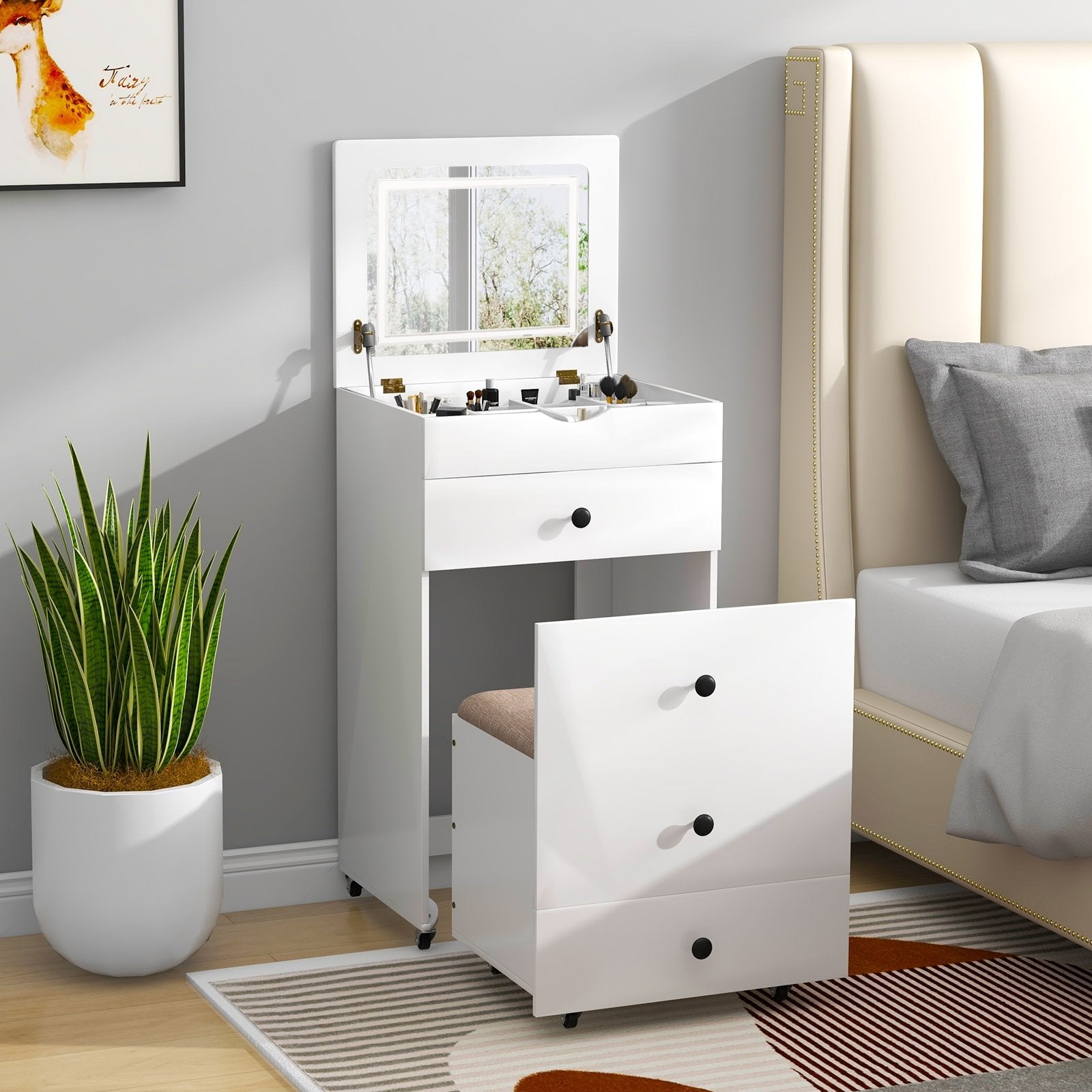 3-in-1 Vanity Set with Cushioned Stool and Flip-up Mirror, White Makeup Vanities   at Gallery Canada