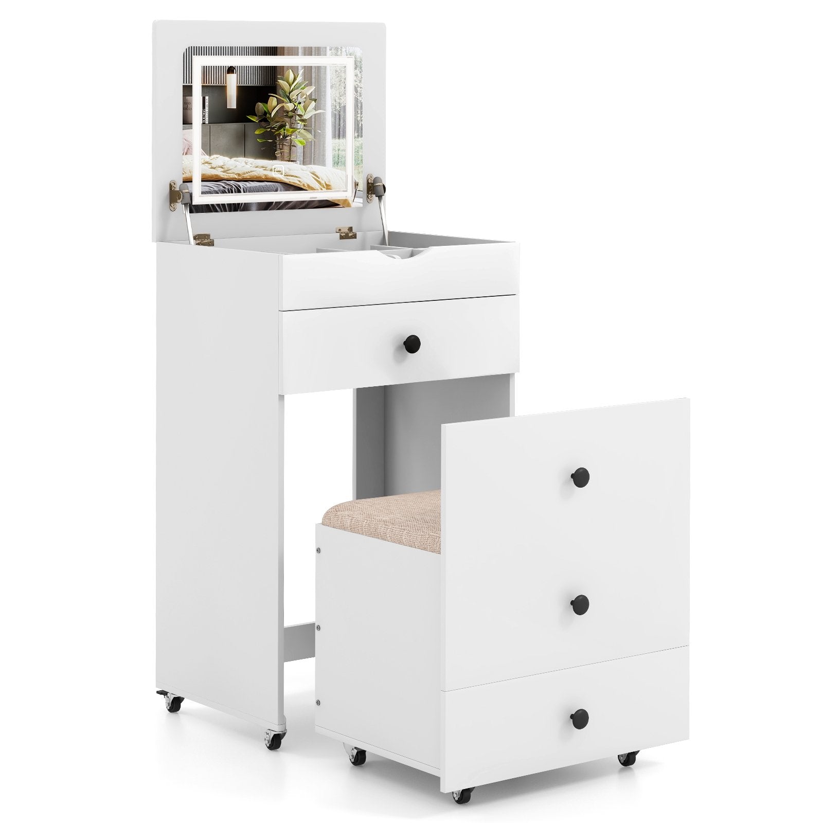 3-in-1 Vanity Set with Cushioned Stool and Flip-up Mirror, White Makeup Vanities   at Gallery Canada