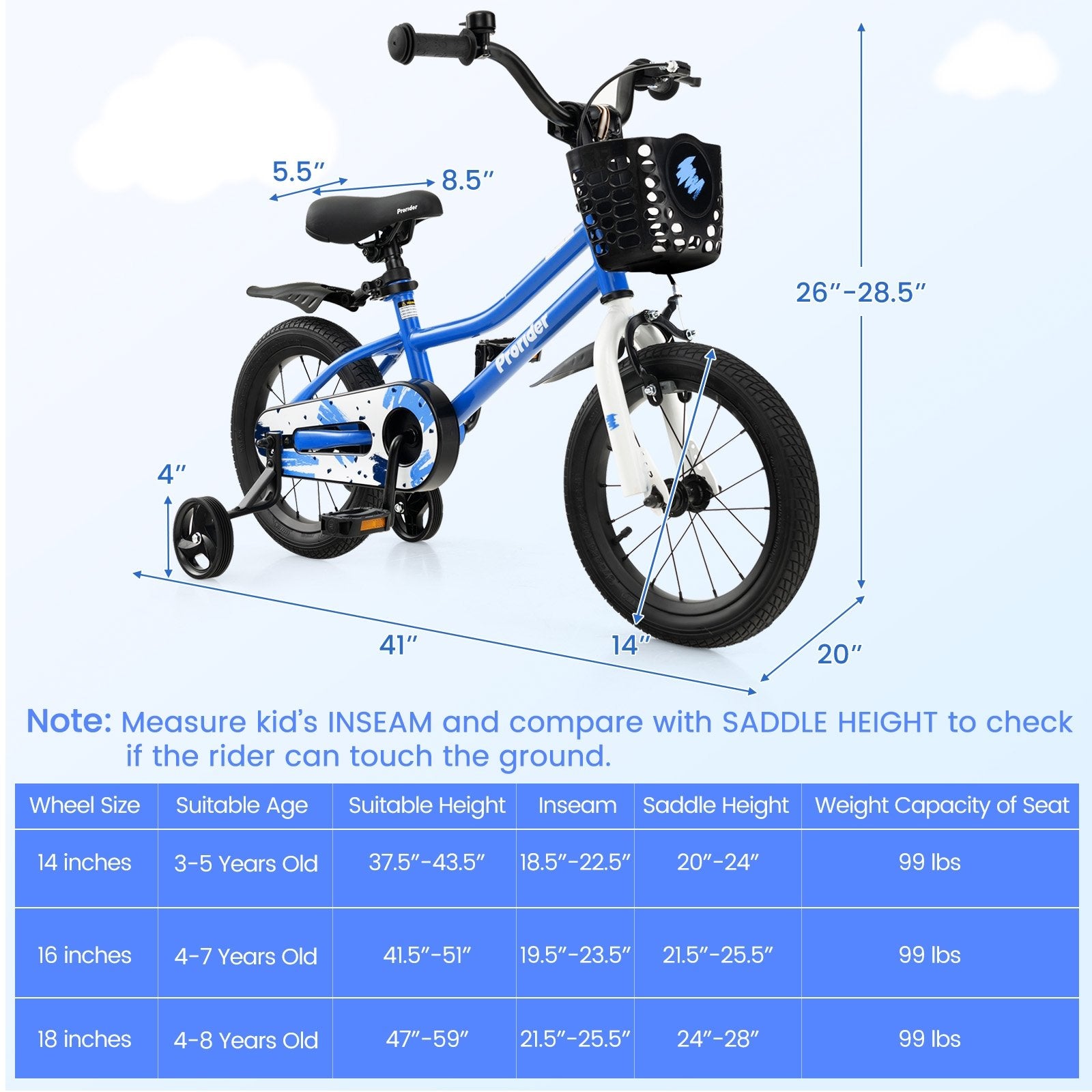 14 Inch Kids Bike with 2 Training Wheels for 3-5 Years Old, Blue Kids Bike   at Gallery Canada