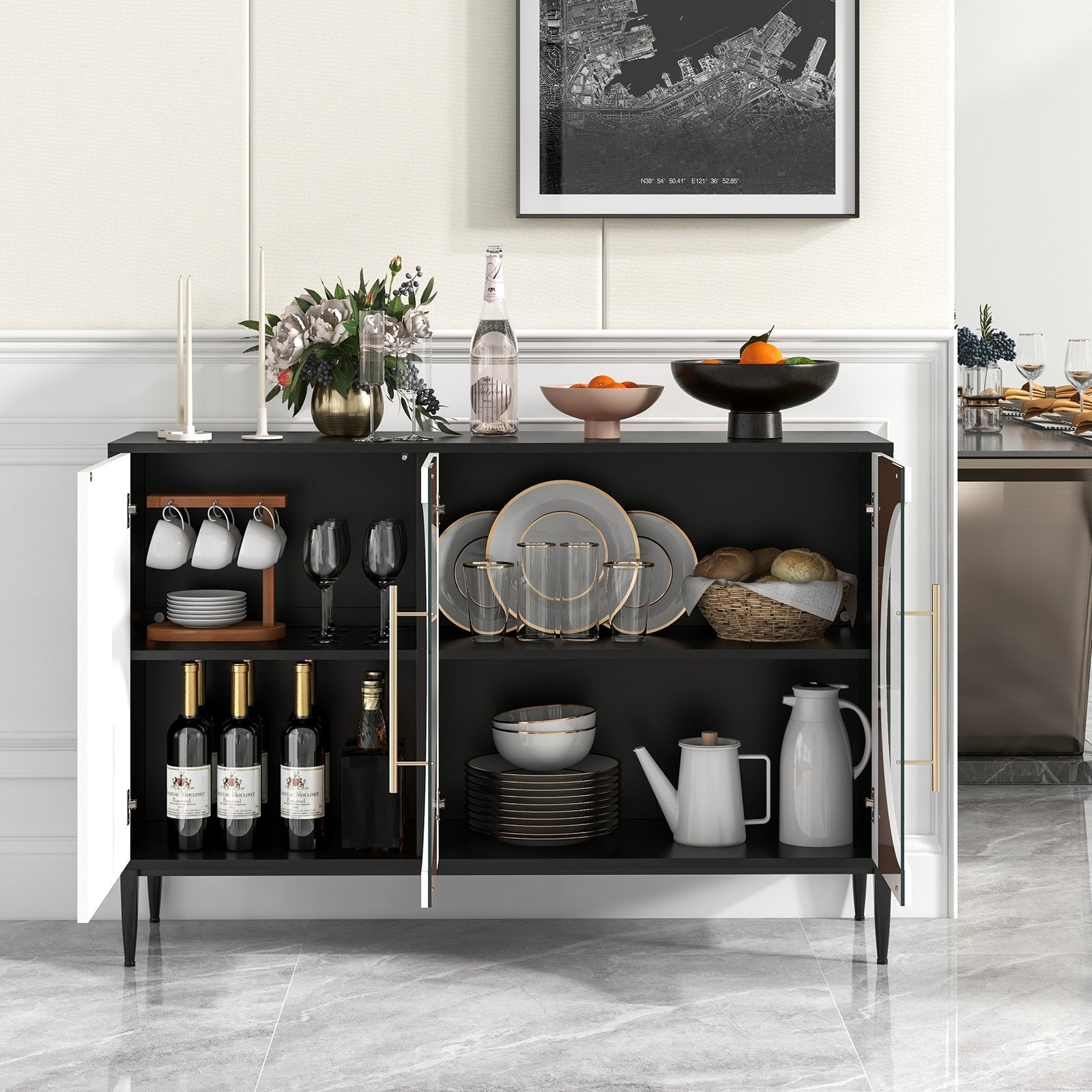 Sideboard Cabinet with Tempered Glass Door for Living Room Dining Room Kitchen, White Cabinets & Chests   at Gallery Canada