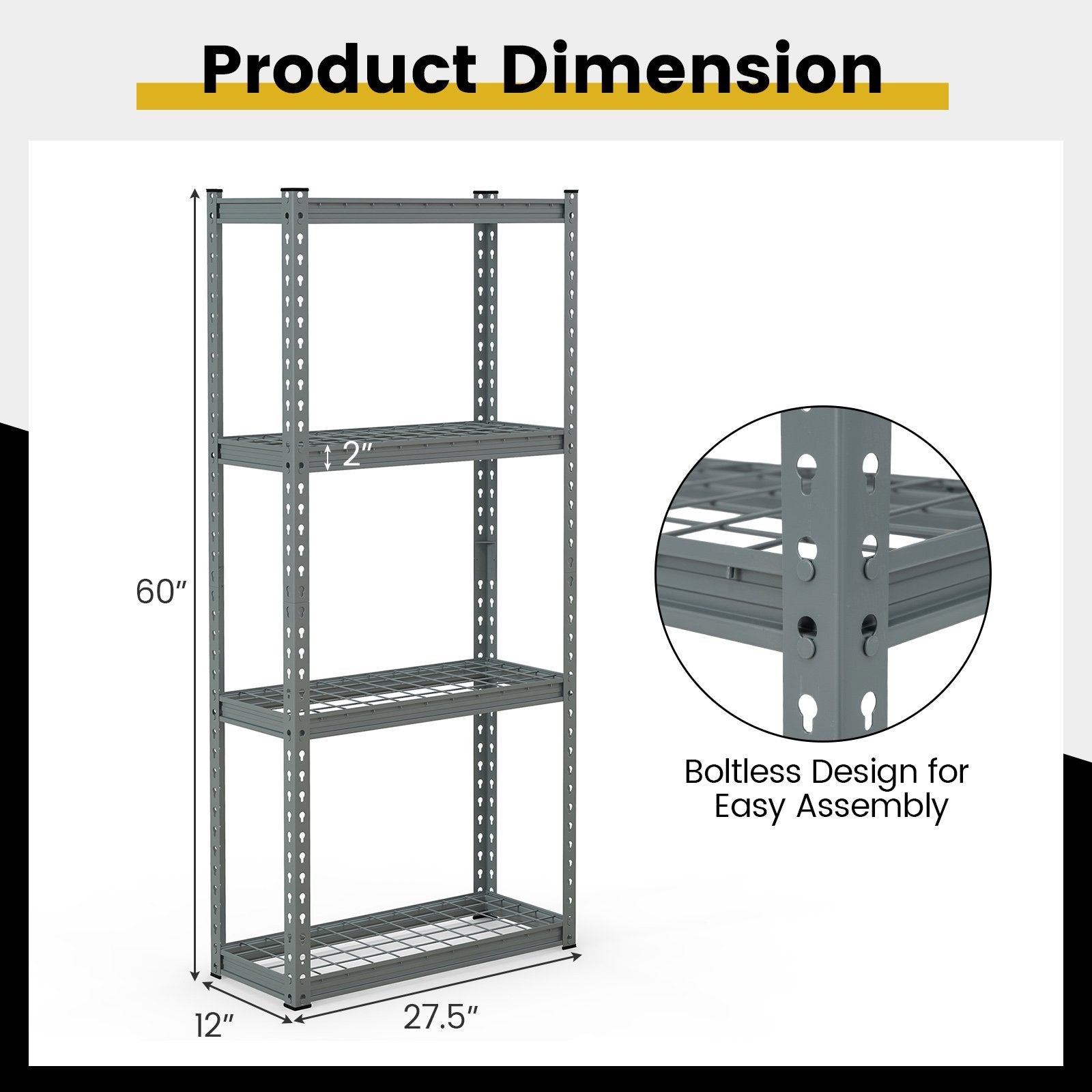 4-Tier Metal Shelving Unit with Anti-slip Foot Pad and Anti-tipping Device, Gray Garages   at Gallery Canada