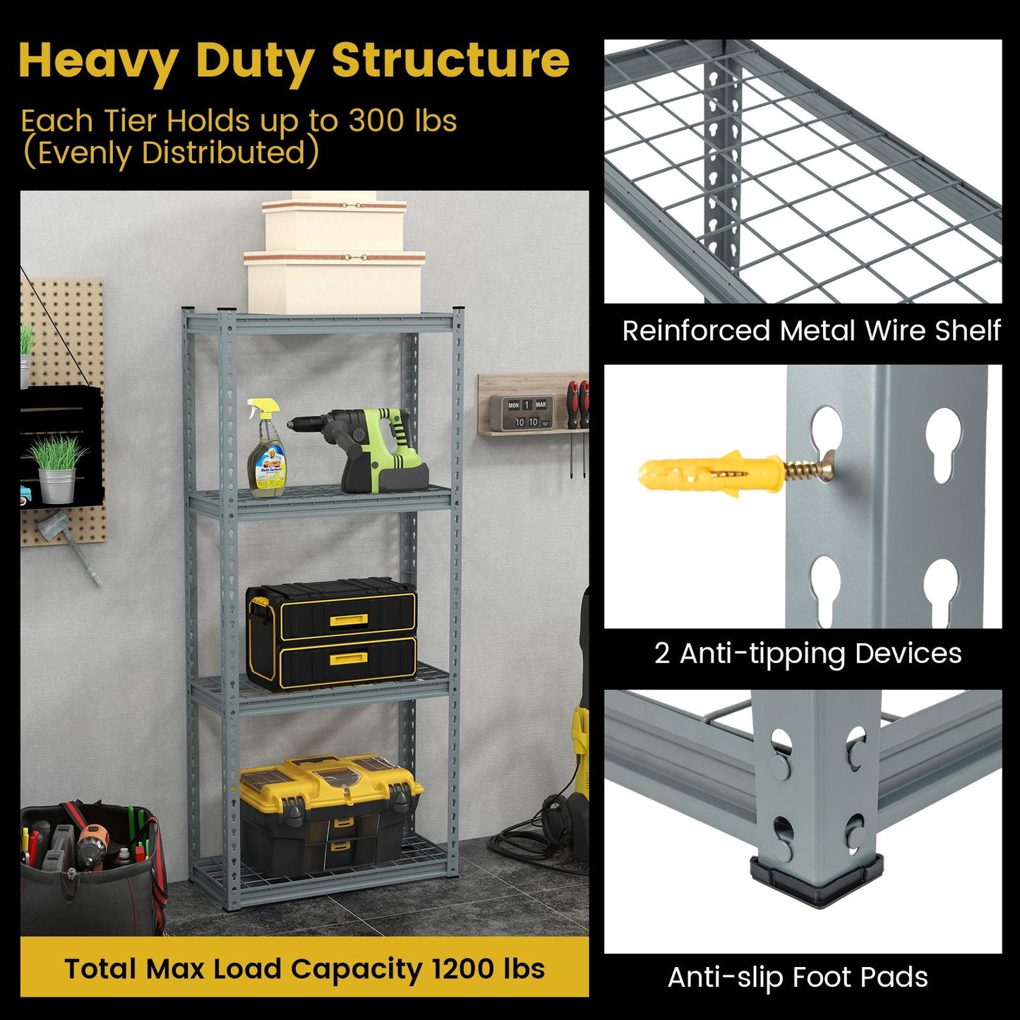 4-Tier Metal Shelving Unit with Anti-slip Foot Pad and Anti-tipping Device, Gray Garages   at Gallery Canada