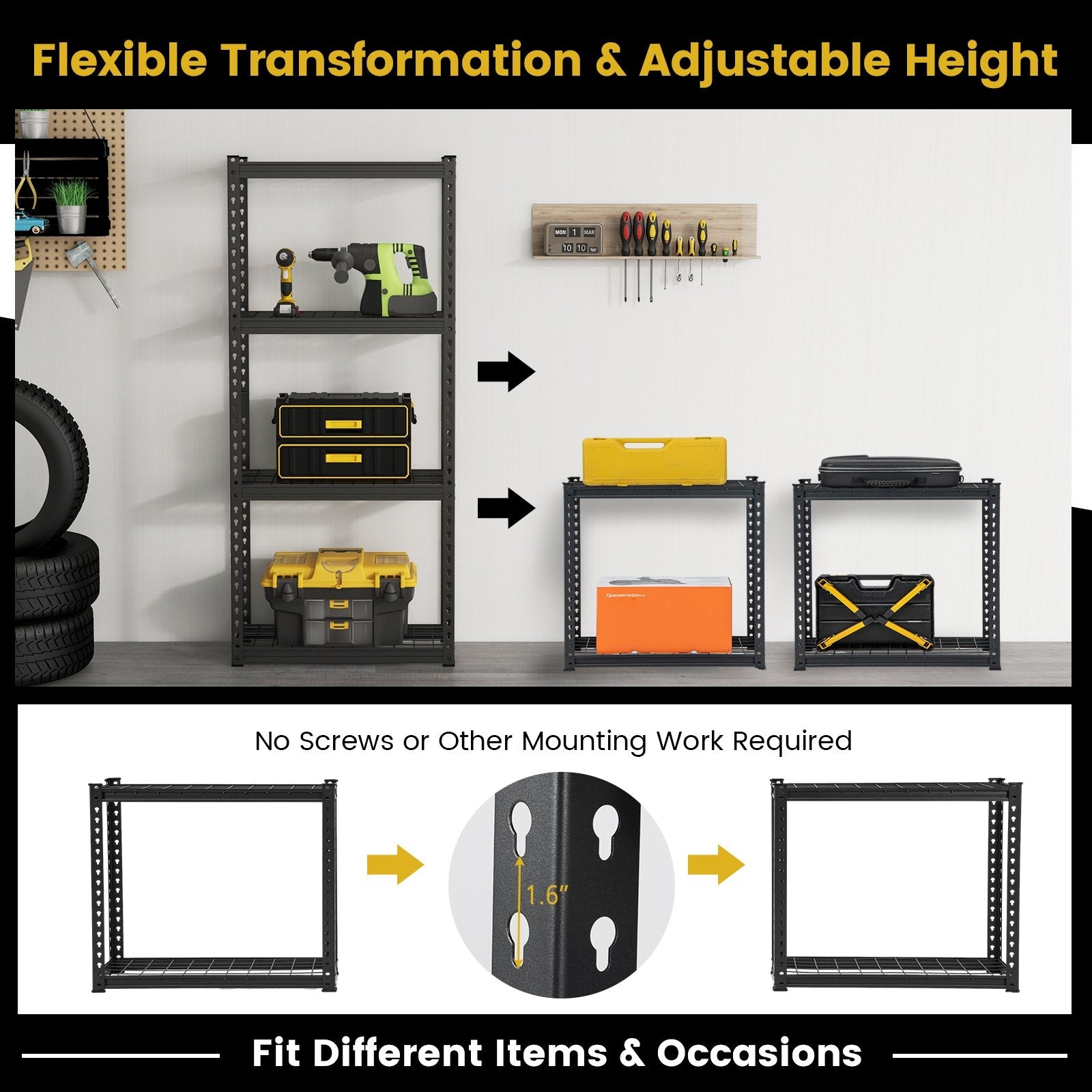 4-Tier Metal Shelving Unit with Anti-slip Foot Pad and Anti-tipping Device, Black Garages   at Gallery Canada