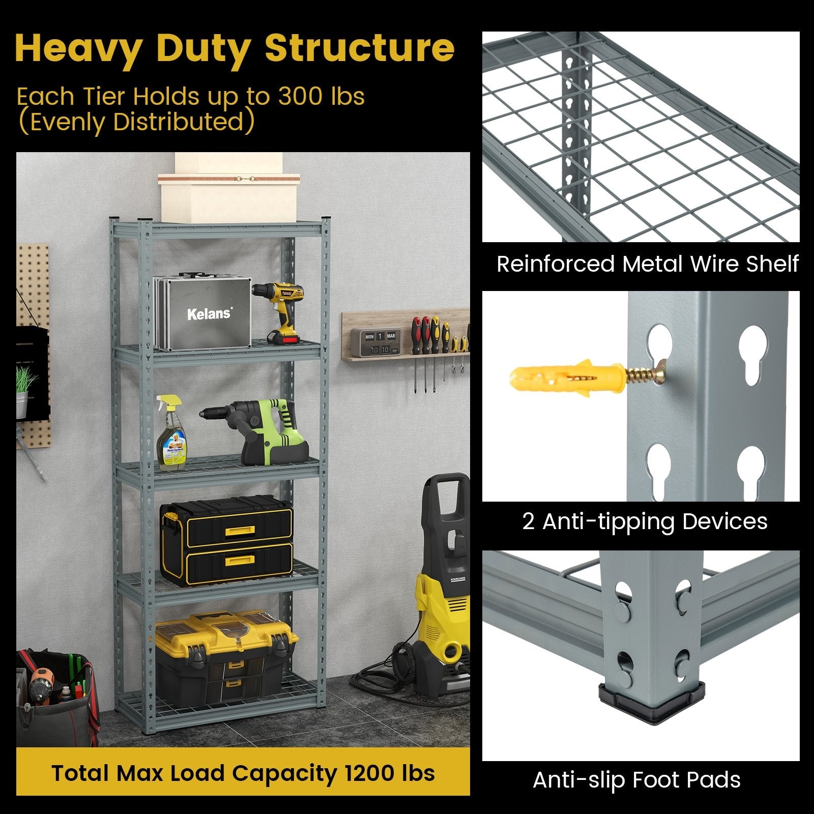 5-Tier Heavy Duty Wire Storage Racks with Anti-slip Foot Pad, Gray Garages   at Gallery Canada